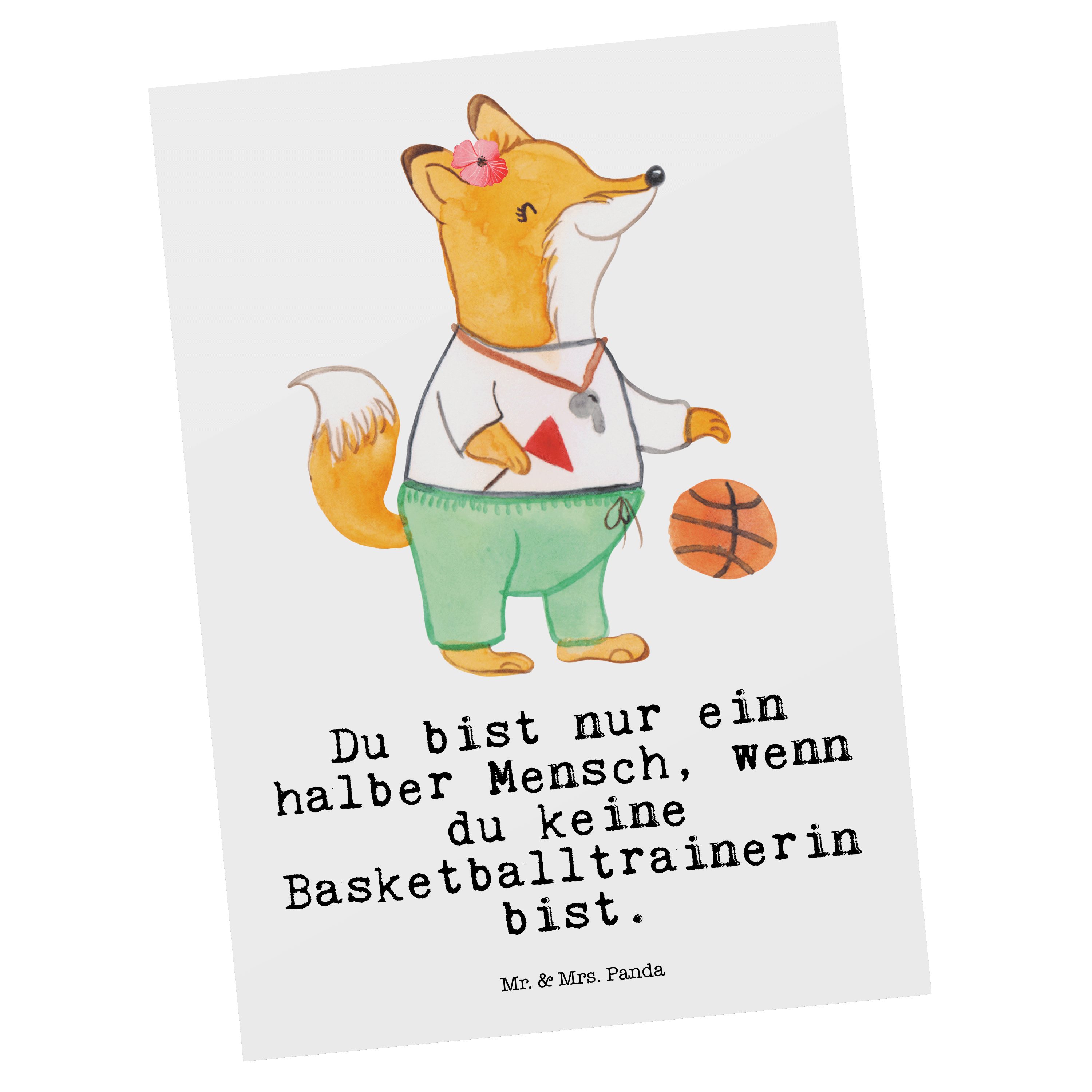 Mr. & Mrs. Panda Postkarte Basketballtrainerin mit Herz - Weiß - Geschenk, Geburtstagskarte, Bas