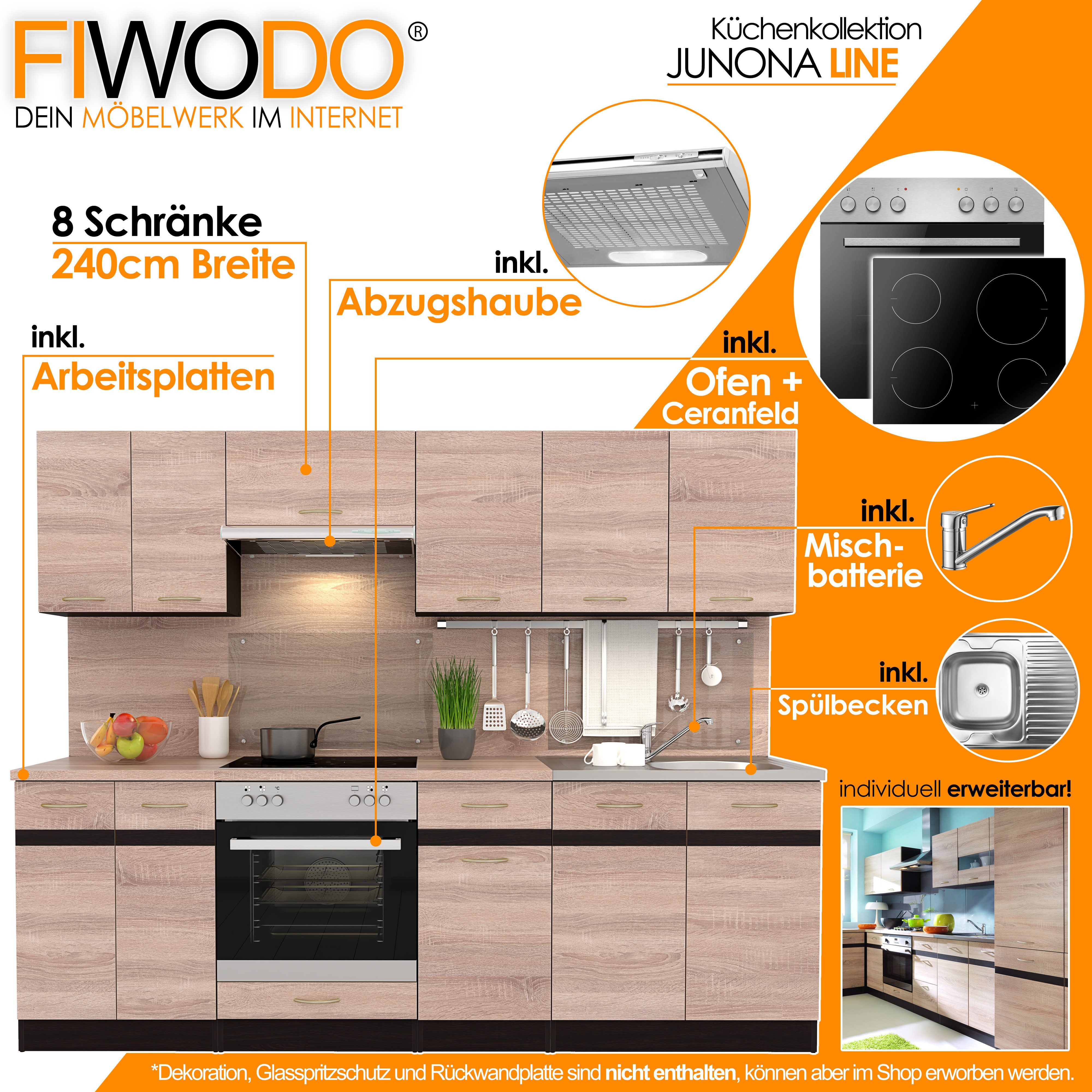 FIWODO.de - Dein Möbelwerk im Internet Küche Küchenzeile 240cm mit Elektrogeräten komplett Spülbecken Arbeitsplatte, (Set), mit E-Geräten, Breite 240cm, mit Spülbecken, mit Arbeitsplatte