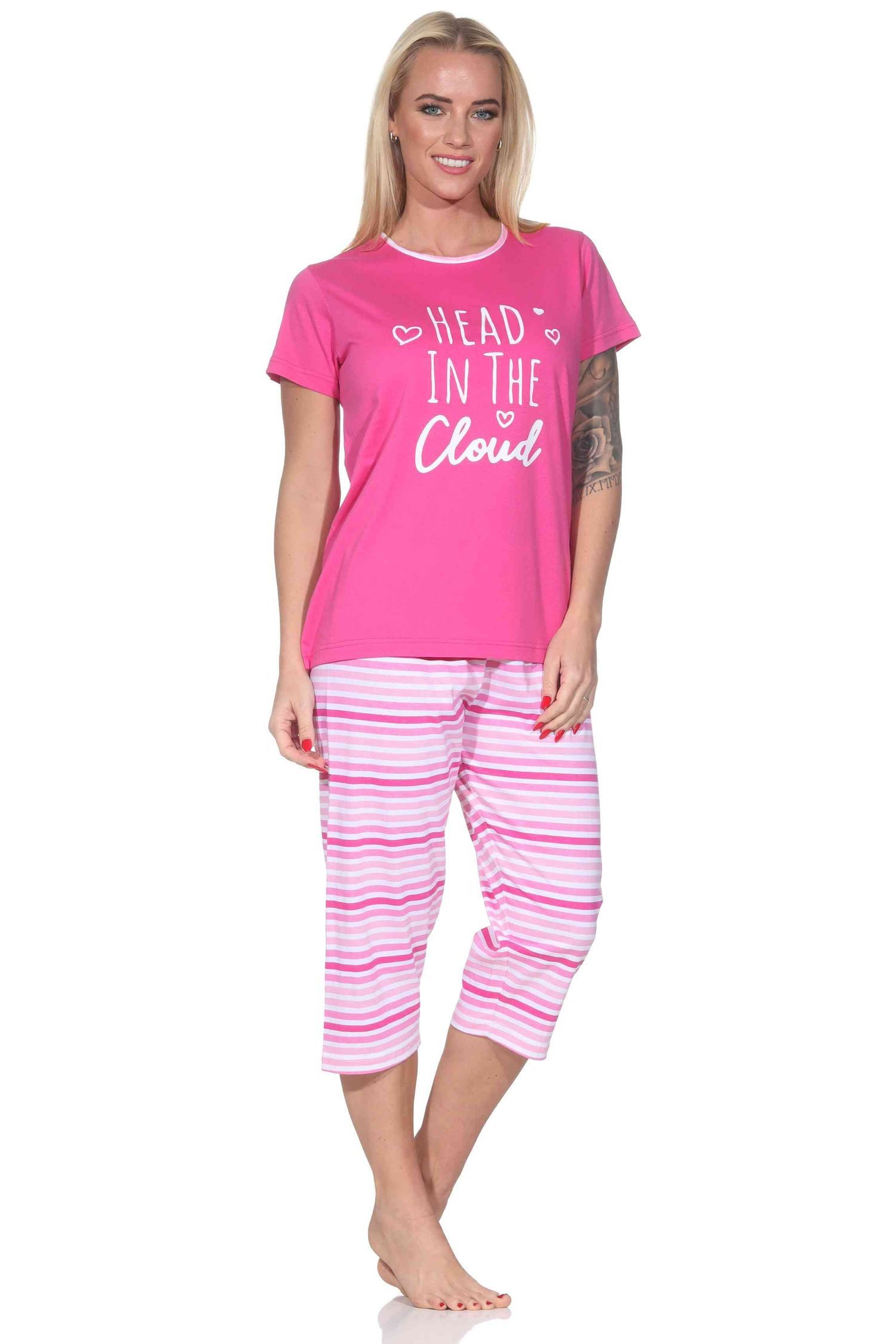 Normann Pyjama Normann Damen Schlafanzug kurzarm mit gestreifter Capri-Pyjamahose