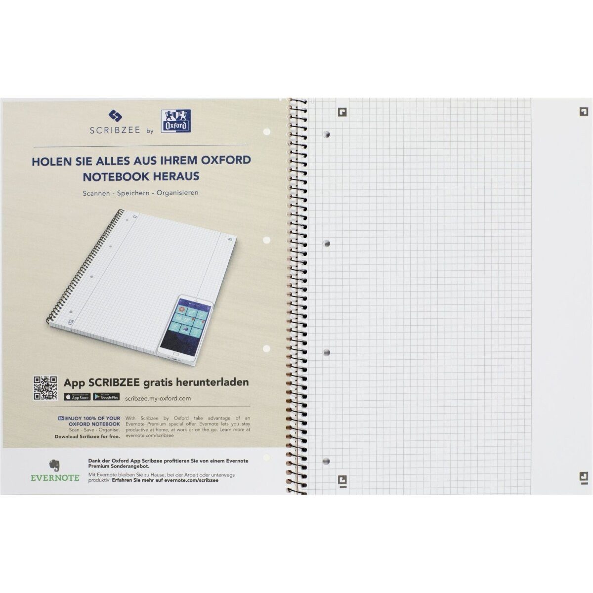 OXFORD Notenblock Collegeblock A4+ kariert 80 Blatt 4-fach gelocht gelb