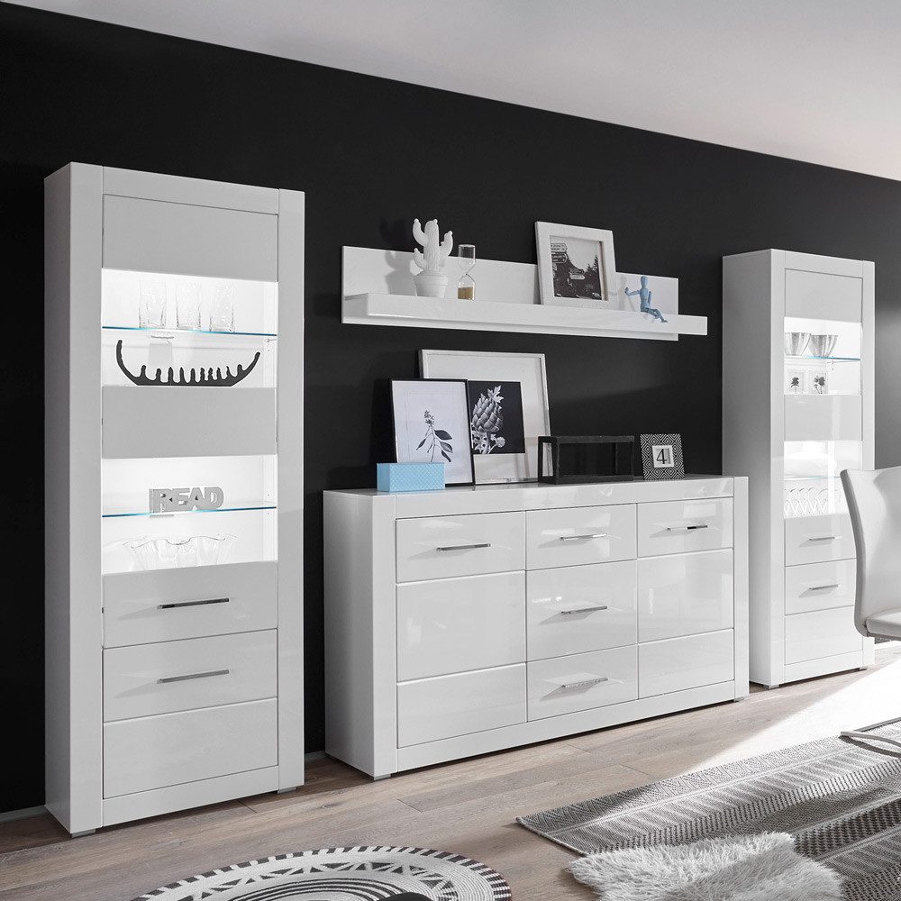 Lomadox Wohnwand BALVE-61, (4-St), Weiß glänzende 4-tlg. -Kombi mit Vitrinen inkl. LED : 324x198x42cm