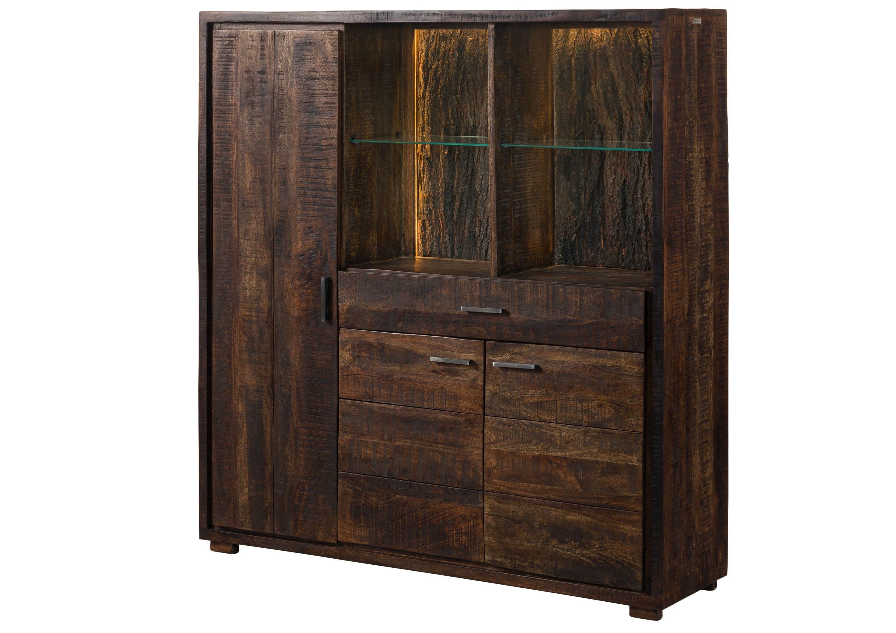 Massivmoebel24 Highboard BARK (Massivholz), Akazie 140x40x150 dunkelbraun lackiert BARK #215