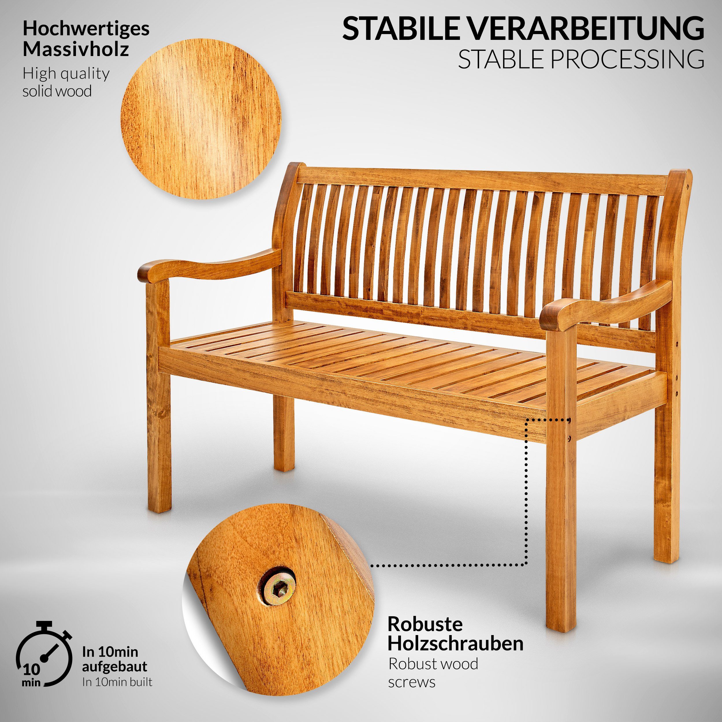 tillvex Garten Holzbank Balkon, 320 cm Gartenbank Sitzbank Hellbraun belastbar, für | Parkbank wetterfest, Terrasse kg Massivholz & Holz 150 Massiv Hellbraun