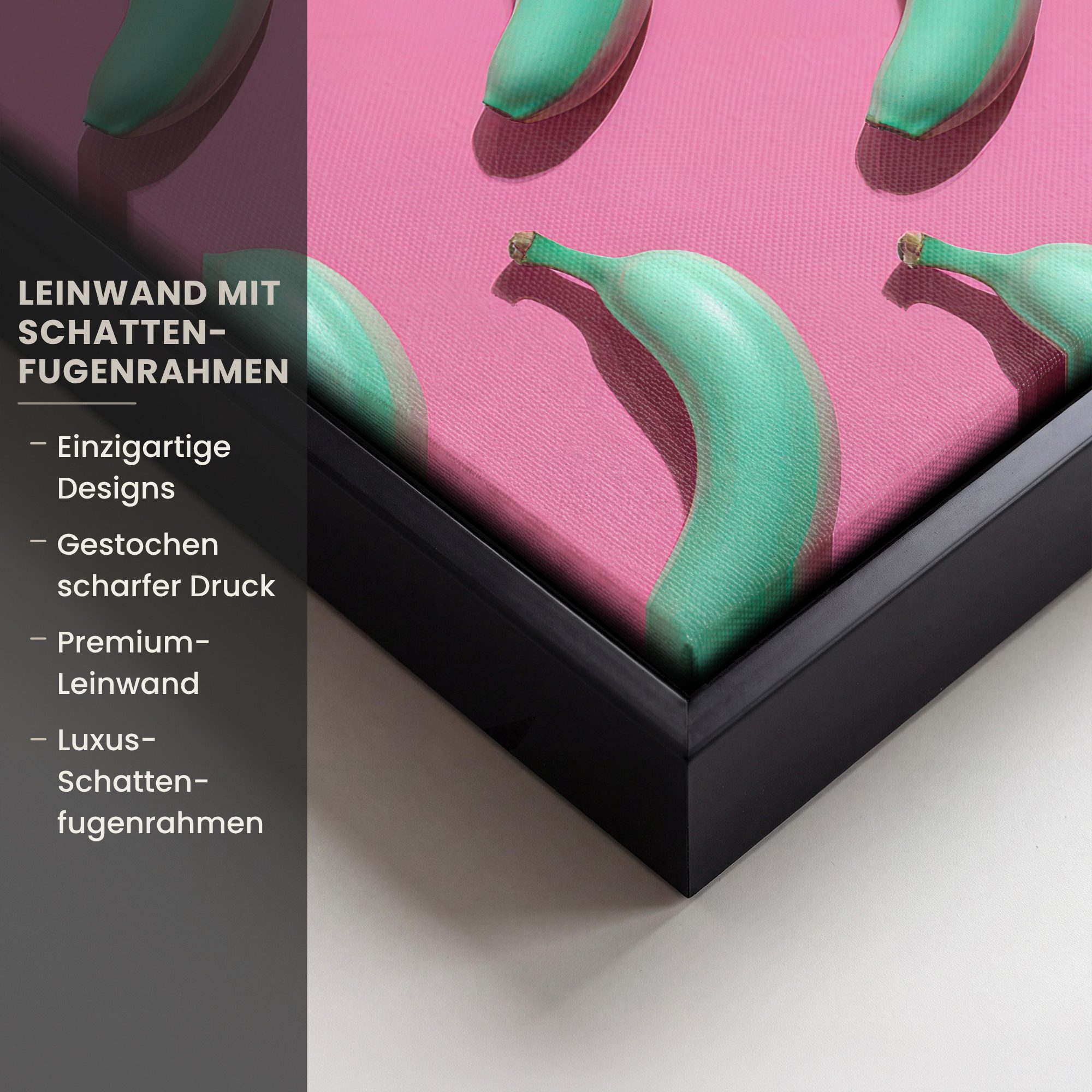 OneMillionCanvasses® Leinwandbild mit Rahmen - Bananen - Muster - Blau - Rosa, Fotodruck (1 St), Leinwand Bilder Klein, Wand Dekoration Aesthetic 20x20cm