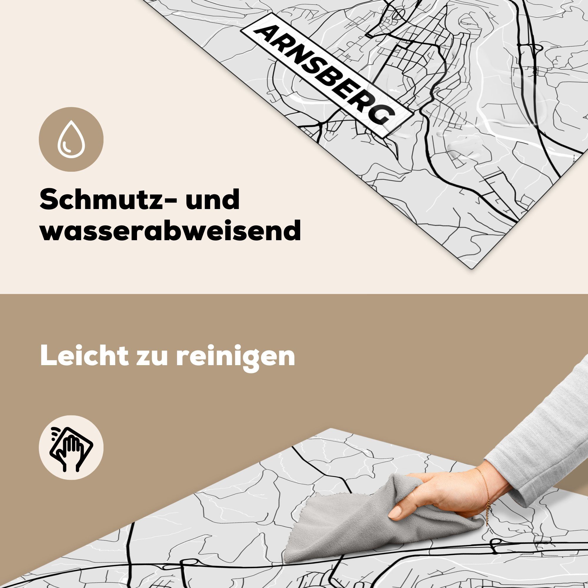cm, 78x78 tlg), Herdblende-/Abdeckplatte (1 Arnsberg Karte, Arbeitsplatte - Vinyl, - Deutschland küche Stadtplan - Ceranfeldabdeckung, MuchoWow für