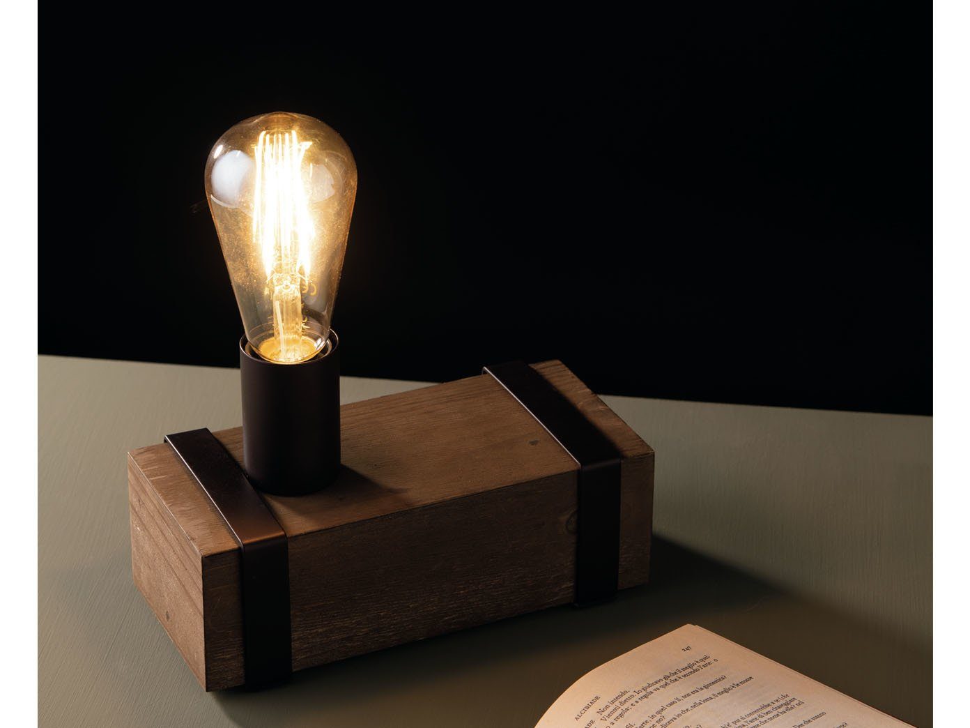 LUCE Design LED Nachttischlampe, LED wechselbar, warmweiß, kleine Vintage Holz-lampe mit Holzbalken für Fensterbank, Länge 22cm