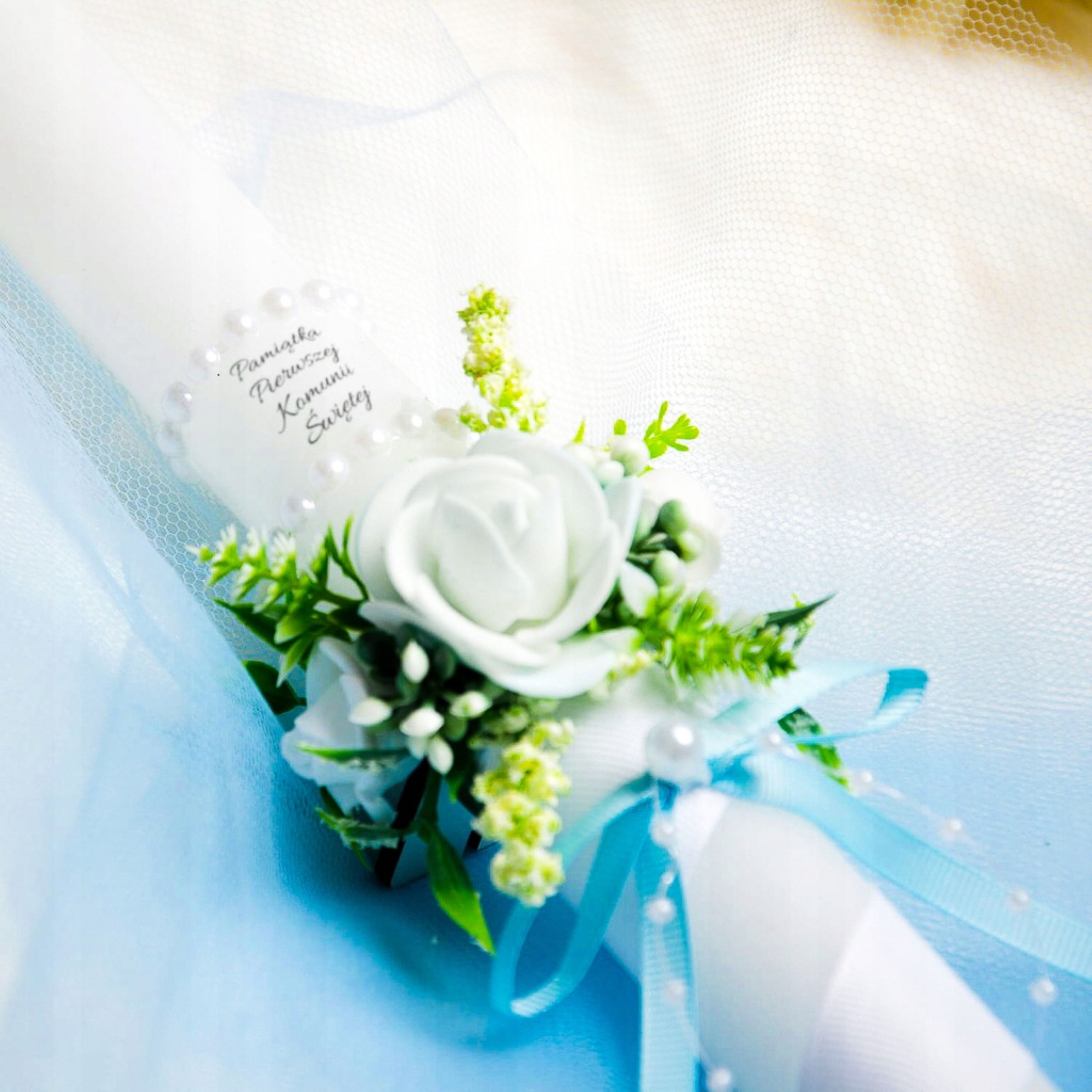 Sacramenta Kommunionskarte Kommunionskerze für Jungen mit Blumen & Perlen – handgefertigt