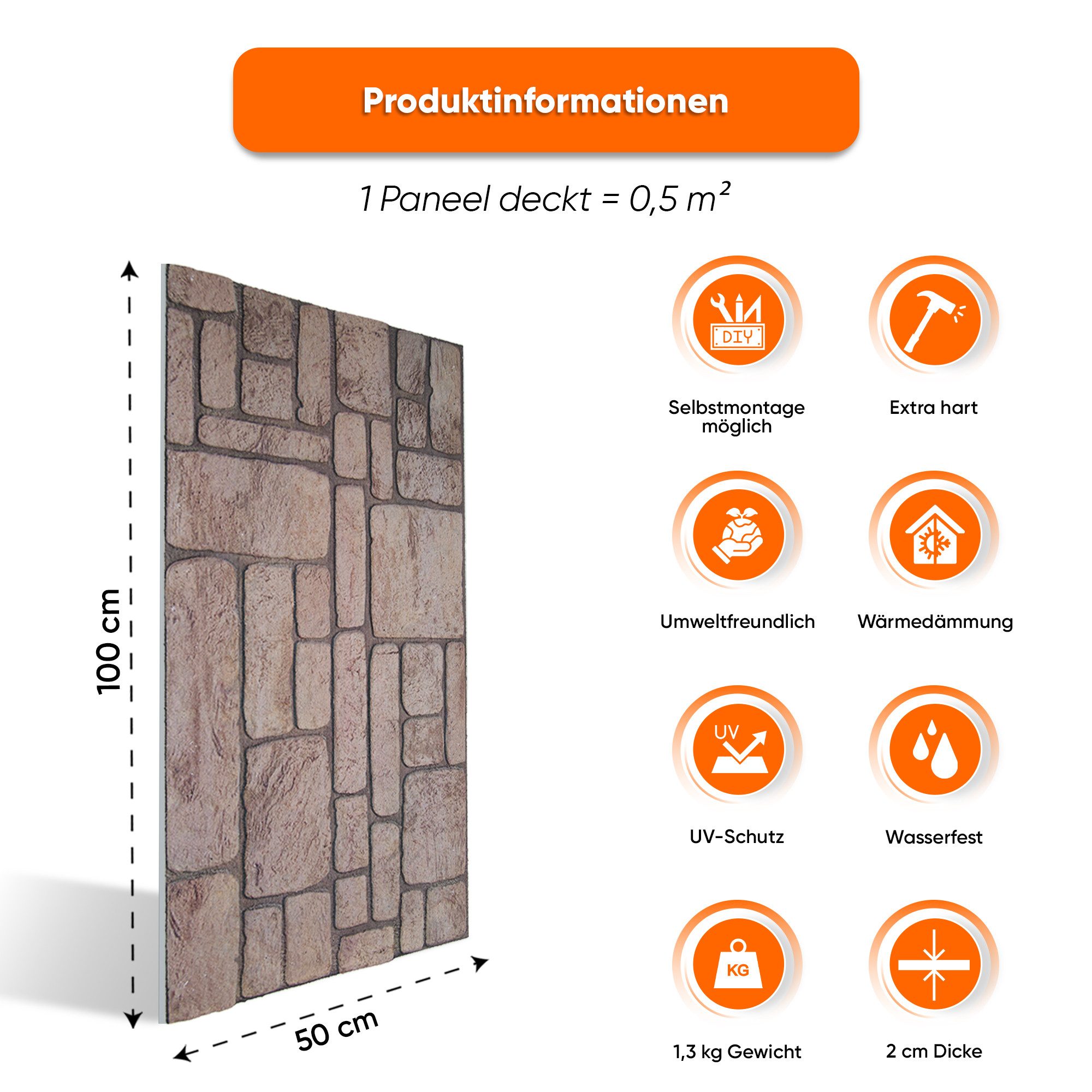 IZODEKOR 3D Wandpaneel EPS Styropor Wandverkleidung in Steinoptik – für Innen & Außen, BxL: 50x100 cm, 0,50 qm, (1er- oder 10er-Set, optional mit 4 Montageklebe – Bild 2 von 5
