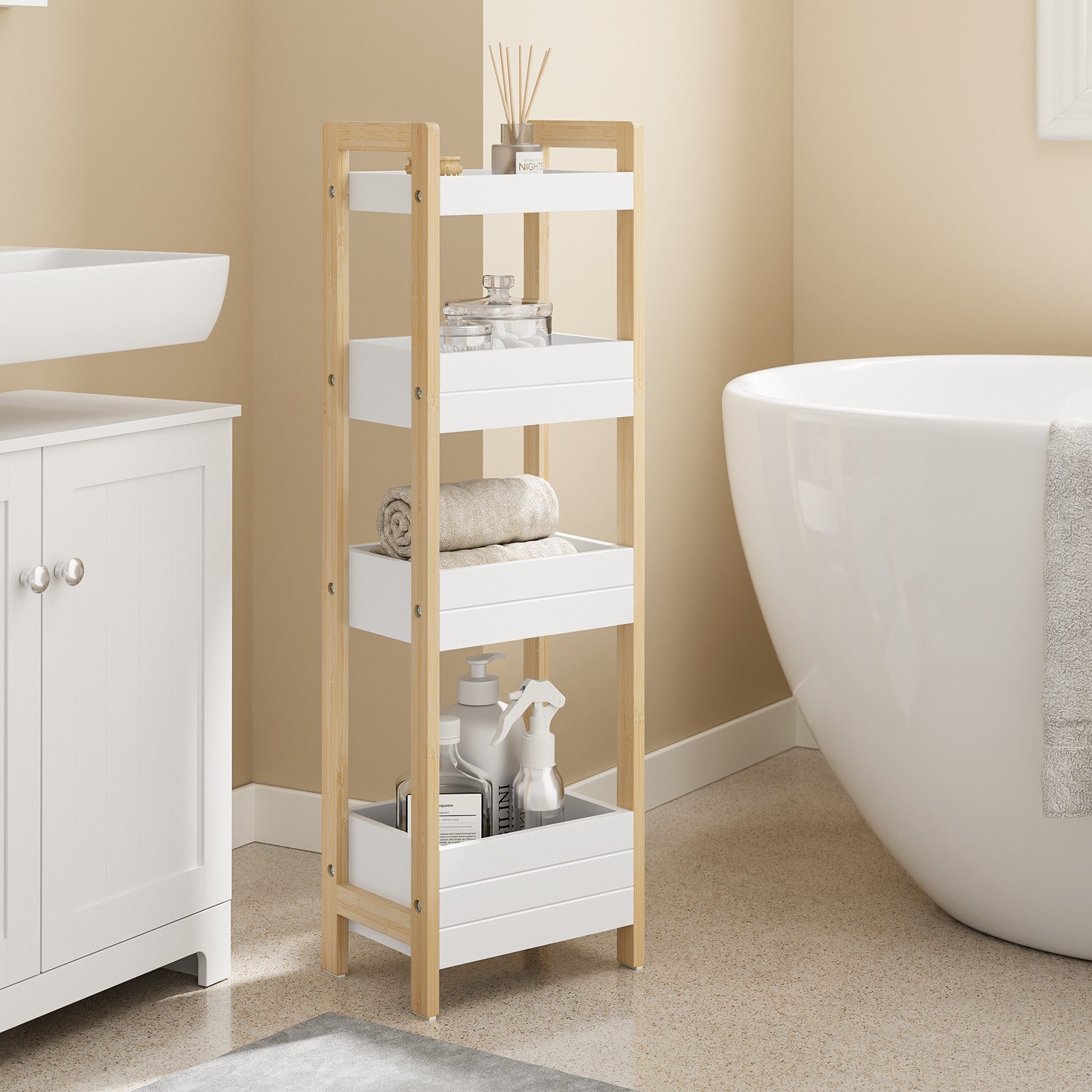 SoBuy Standregal FRG226, Badezimmerregal schmal, Duschregal Toilettenregal Nischenregal, Nischenschrank, Küchenregal mit 4 Ablagefächern, Badregal stehend