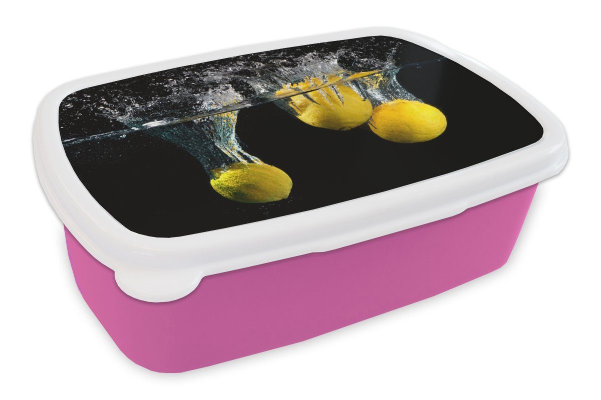 MuchoWow Lunchbox Zitrone - Frucht - Stilleben - Wasser - Gelb, Kunststoff, (2-tlg), Brotbox für Erwachsene, Brotdose Kinder, Snackbox, Mädchen, Kunststoff rosa