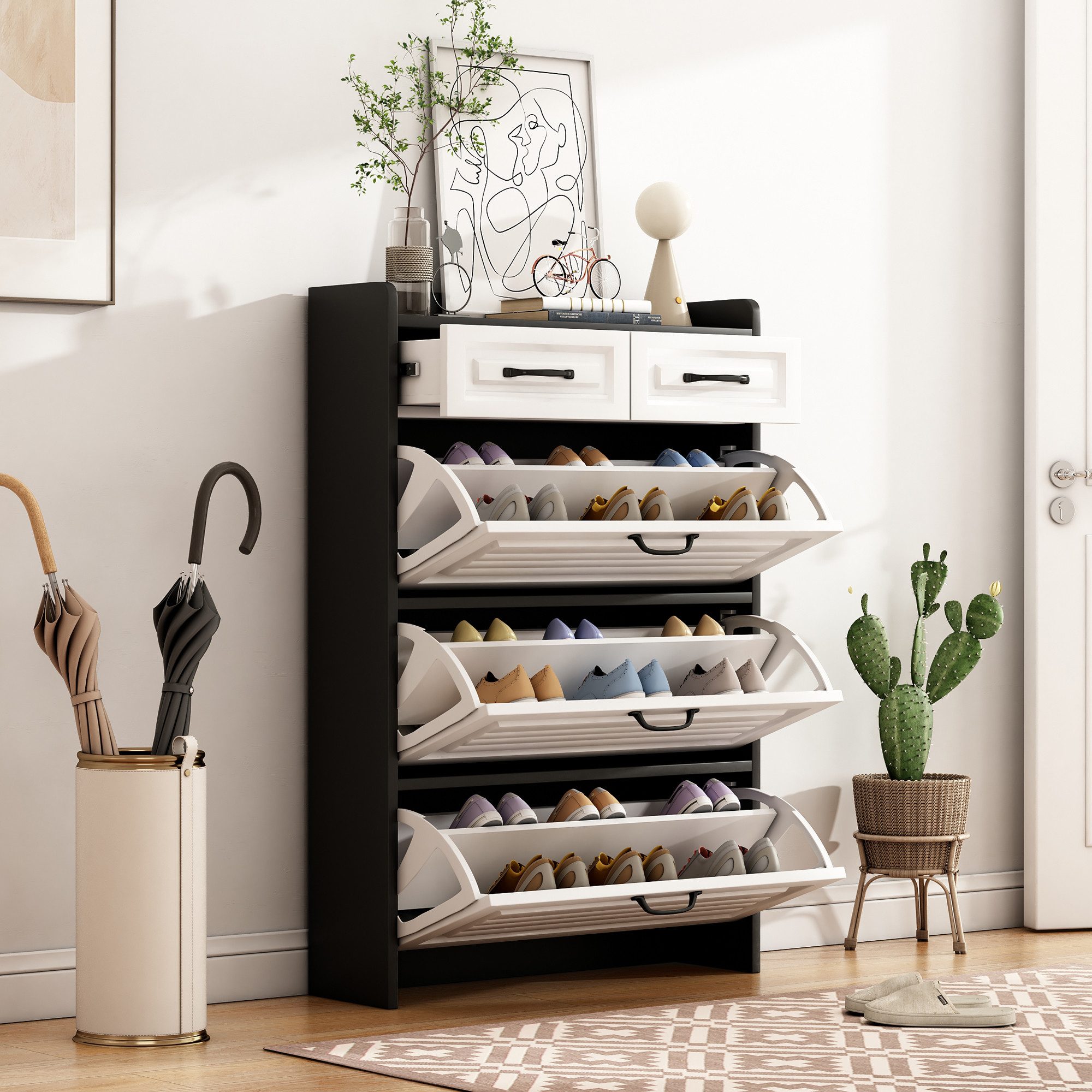 IDEASY Schuhschrank Schuhschrank 3 Klappen 2 Schubladen drehbar Holz Eingang Wohnzimmer (3 umklappbare Schuhregale, bietet Platz) für 18–24 Paar Schuhe, Metallgriff