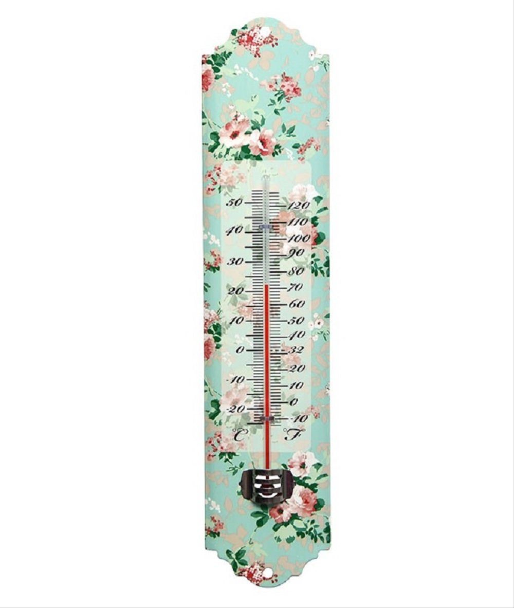 Blech mit Linoows mit und Wandthermometer Rosenblüten, Dekoobjekt Fahrenheit Celsius Thermometer, Thermometer Skale