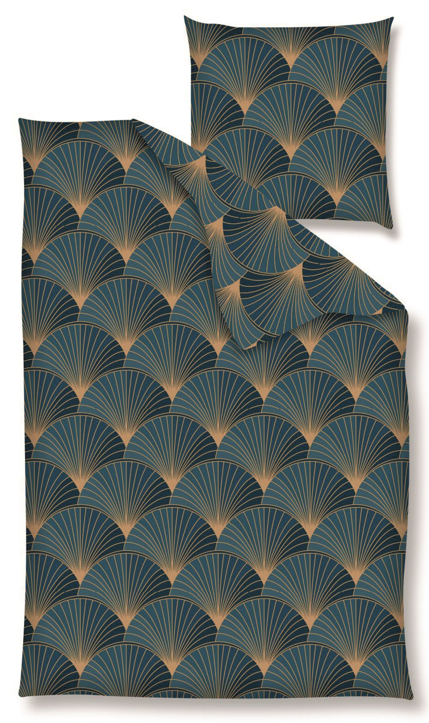 Nanette Bettwäsche Baumwolle, Renforcé, 2 teilig, Fächerstruktur, blau, gold