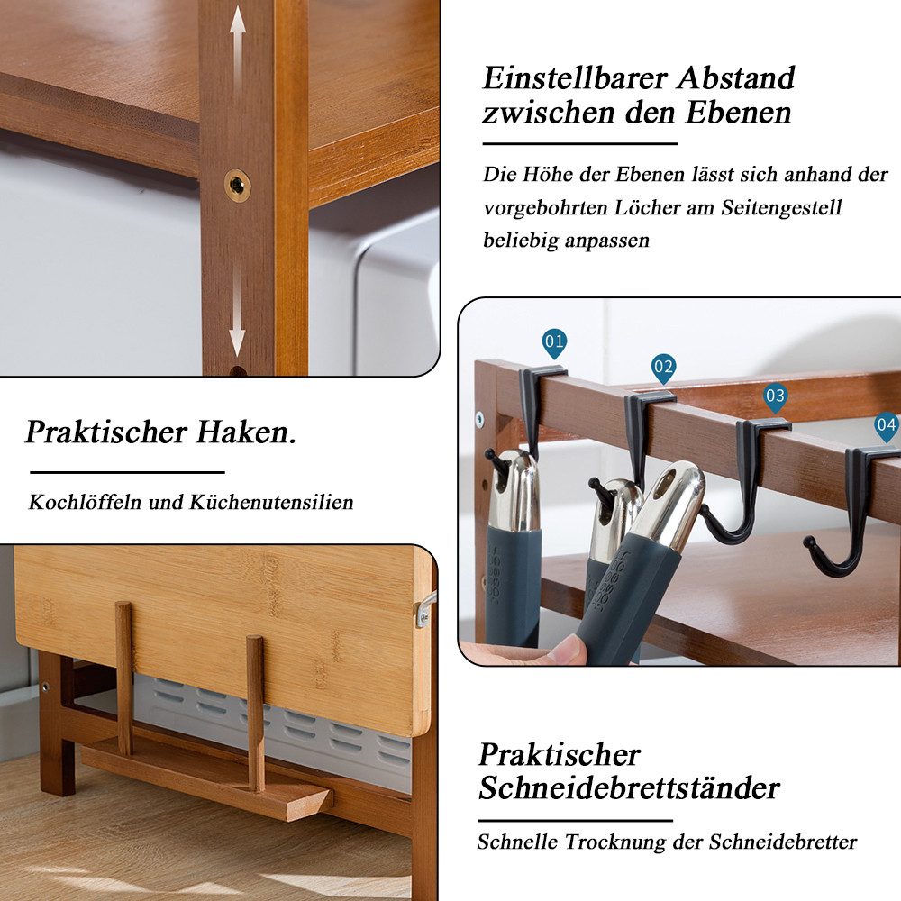 TUWENA Regalelement Bamboo Mikrowellen Regal mit Schneidebrettständer und 4 Hacken, Höhenverstellbar Mikrowellenständer für Arbeitsplatte