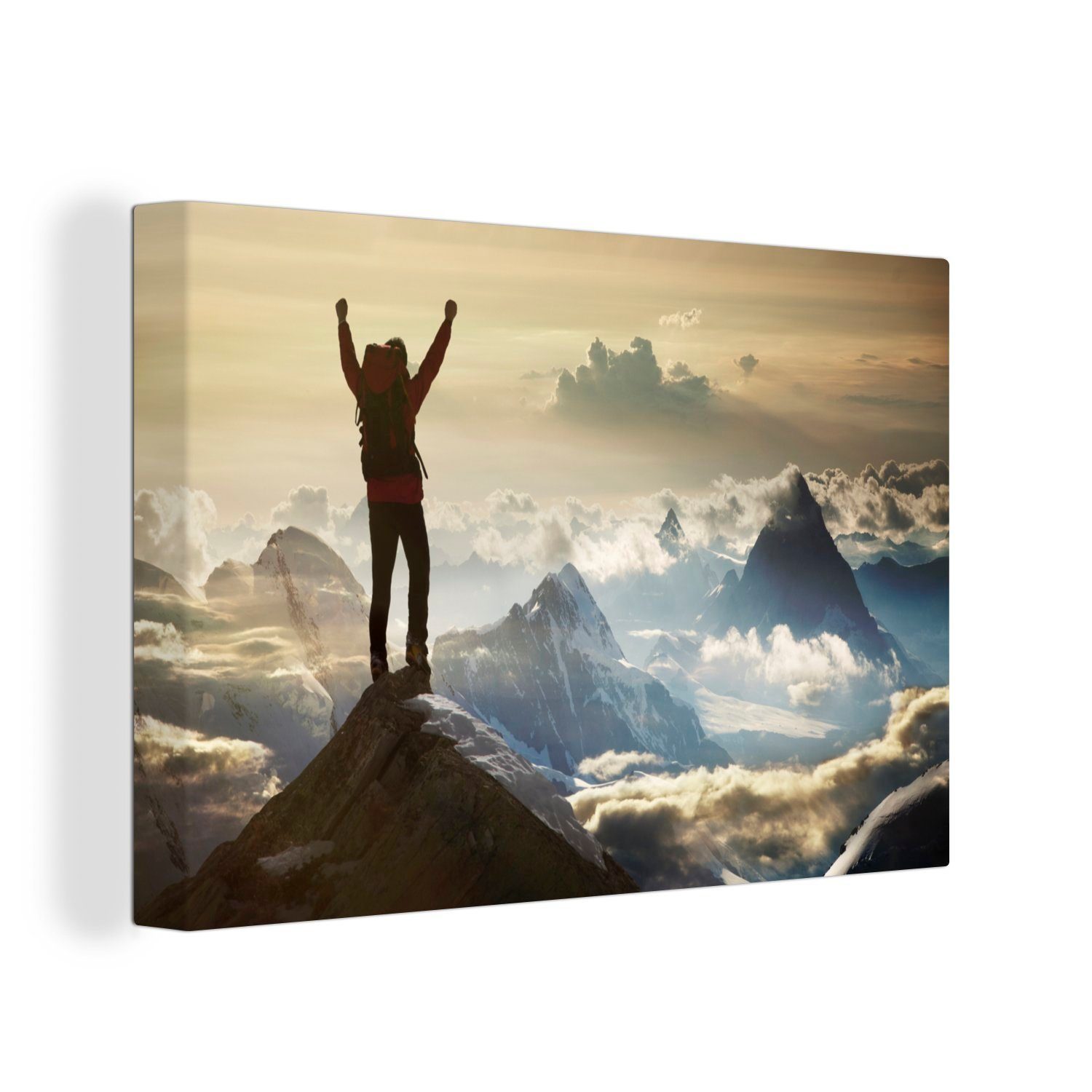 OneMillionCanvasses® Leinwandbild Mountaineer hat die Spitze erreicht, (1 St), Wandbild Leinwandbilder, Aufhängefertig, Wanddeko, 30x20 cm