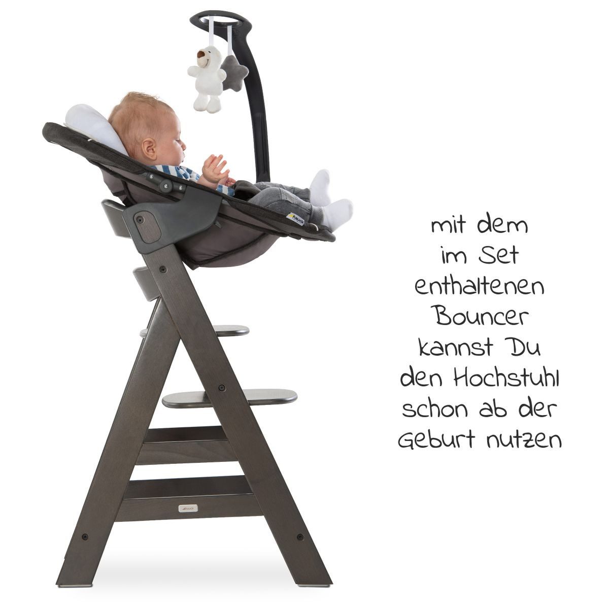 Hauck Hochstuhl Alpha Plus Charcoal - Newborn Set Deluxe, Holz Babystuhl ab Geburt inkl. Aufsatz für Neugeborene & Sitzauflage
