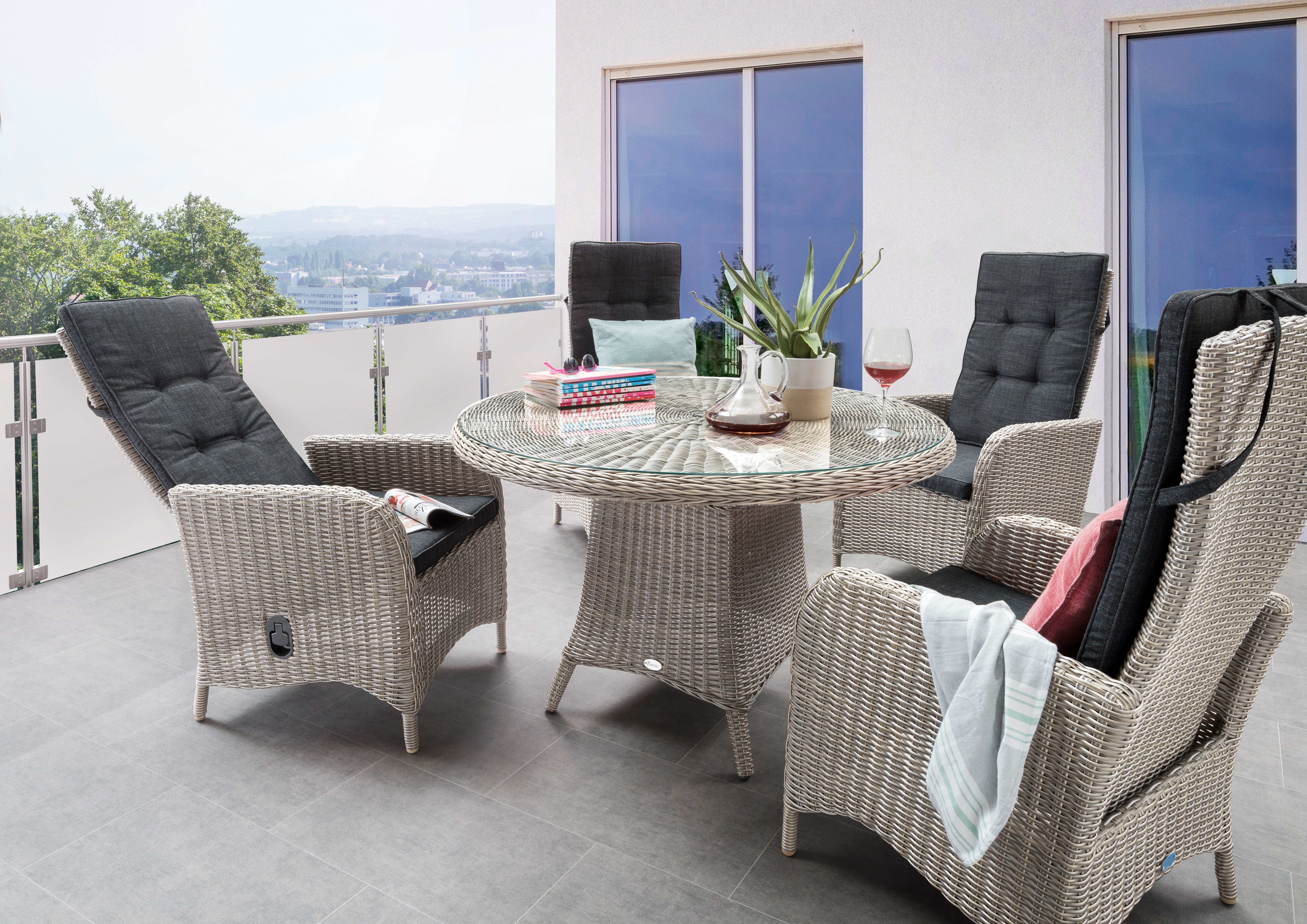 Destiny Garten-Essgruppe PALMA LUNA, (Set, 5-tlg., 1 Tisch Ø, 4 Hochlehner, verstellbar), (Set, 9-tlg., 4 Hochlehner, 1 Tisch Ø 100x75cm) Aluminium, Polyrattan