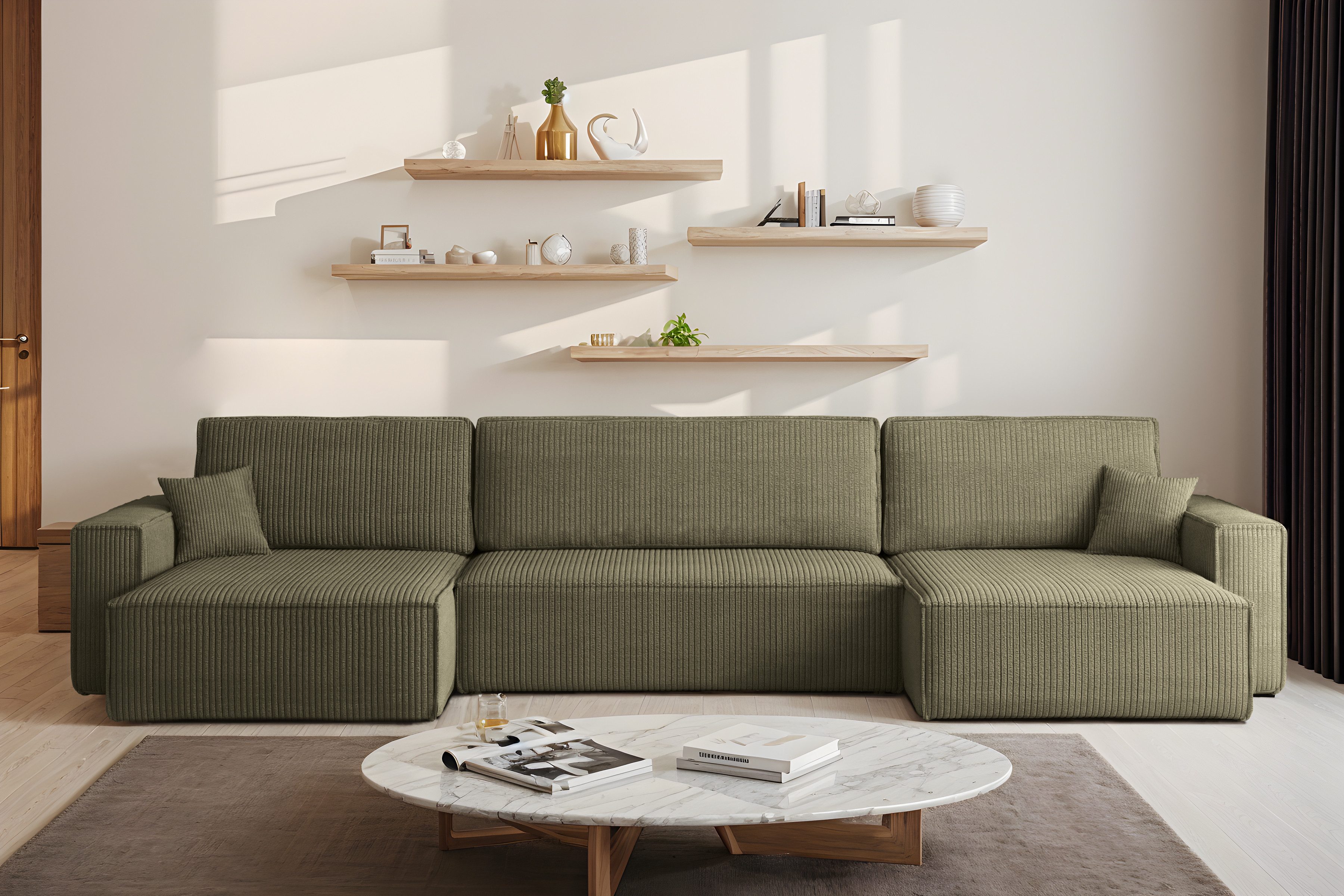yourhouse24 Wohnlandschaft Gepolstertes KARL XXL U-Form, Cord-Stoff, mit Schlaffunktion und Bettkasten, Seite universal