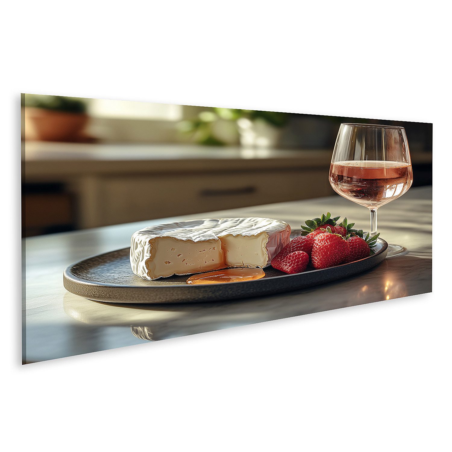 islandburner Leinwandbild Käse mit Erdbeeren und Roséwein auf Tisch