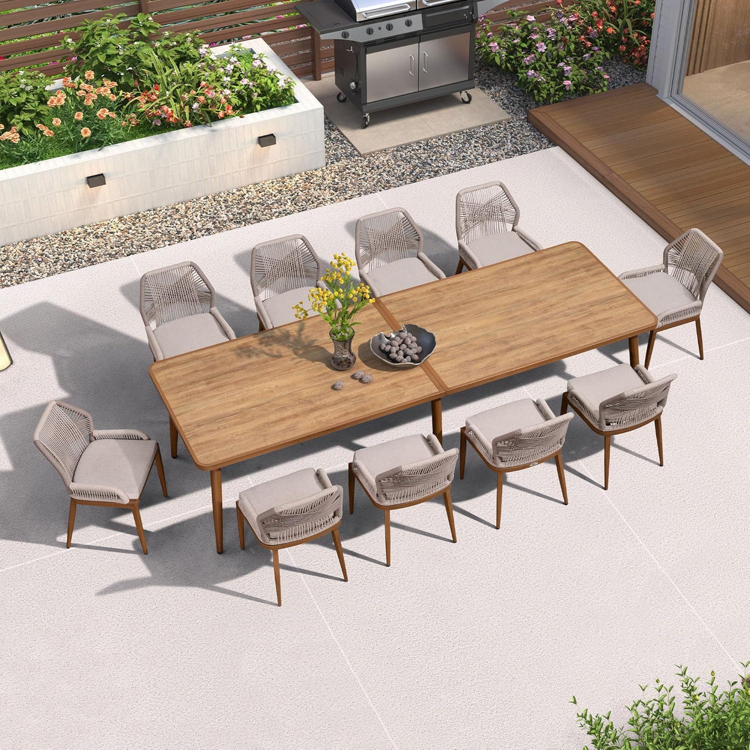PURPLE LEAF Garten-Essgruppe Gartenmöbel Rattan Teakoptik Aluminium mit Kissen, Landhausstil, (Set), mit Kissen und Rückenlehne