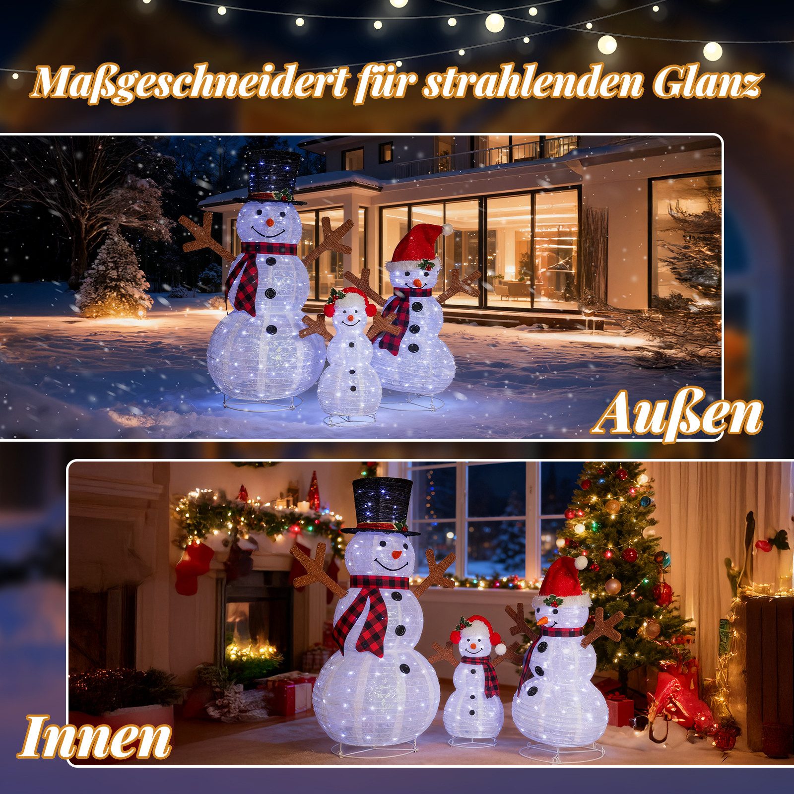 LALAHO Schneemann 3-teiliges LED-Schneemann Weihnachtsfigur, 60/90/120cm mit 300 LEDs Weihnachtsbeleuchtung für Innen und Außen – Bild 3 von 5