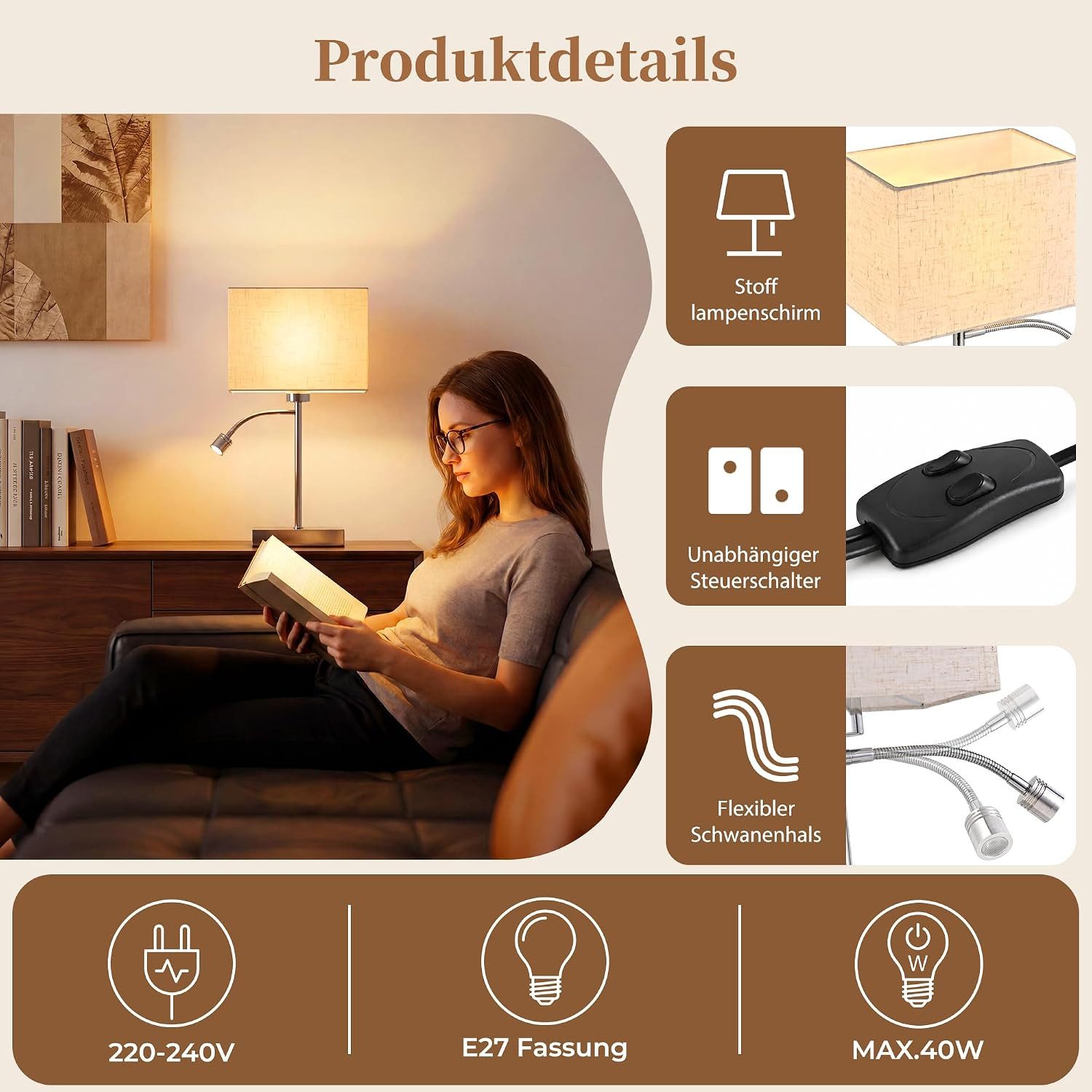 ZMH LED Tischleuchte Nachttischlampe E27 + LED-Leselampe, flexibler Lesearm, 38 cm, Zwei separate Schalter, ohne Leuchtmittel, Warmweiß, Stoffschirm Weiß, Chrom – Bild 2 von 5