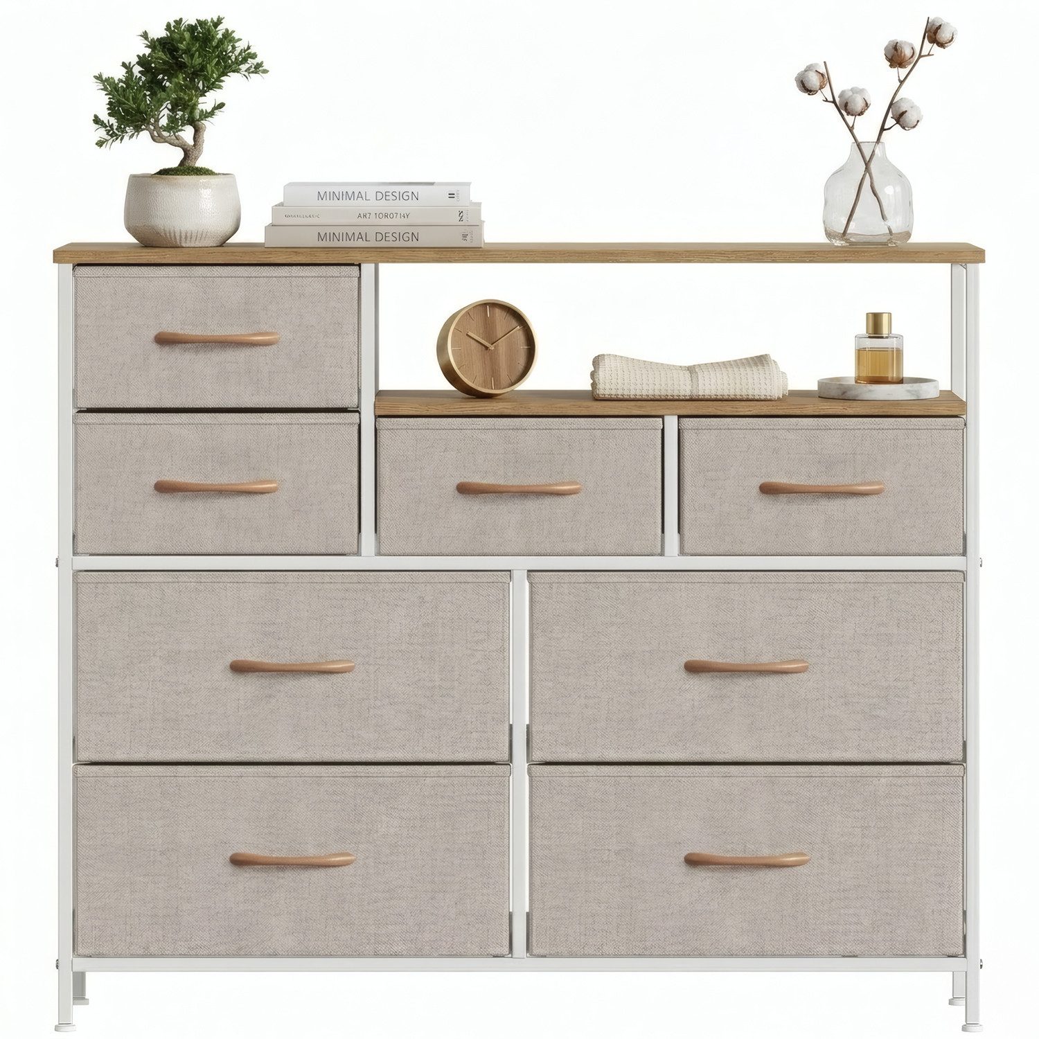 Refined Living Kommode Stoffkommode mit 6/7/8 Schubladen mit 2 offenen Ablagen Komodenschrank (Holzplatte und Metallrahmen, wasserdicht, Platzieren Dekorationen, Große Kapazität Aufbewahrungsmöbel, Sideboards, Schubkastenkommode), für Wohnzimmer, Kinderzimmer, Eingangsbereich, Flur, Schlafzimmer