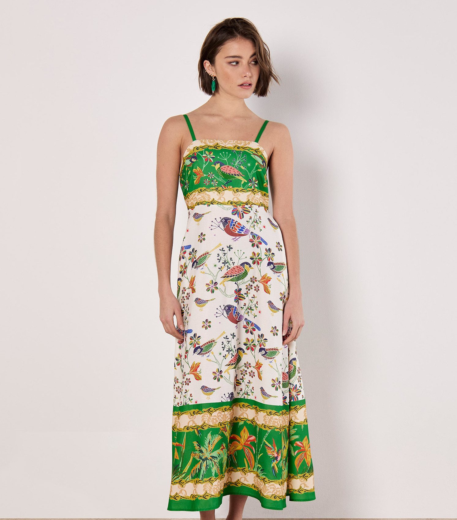 Druckkleid Midikleid mit Vögeln und Palmen