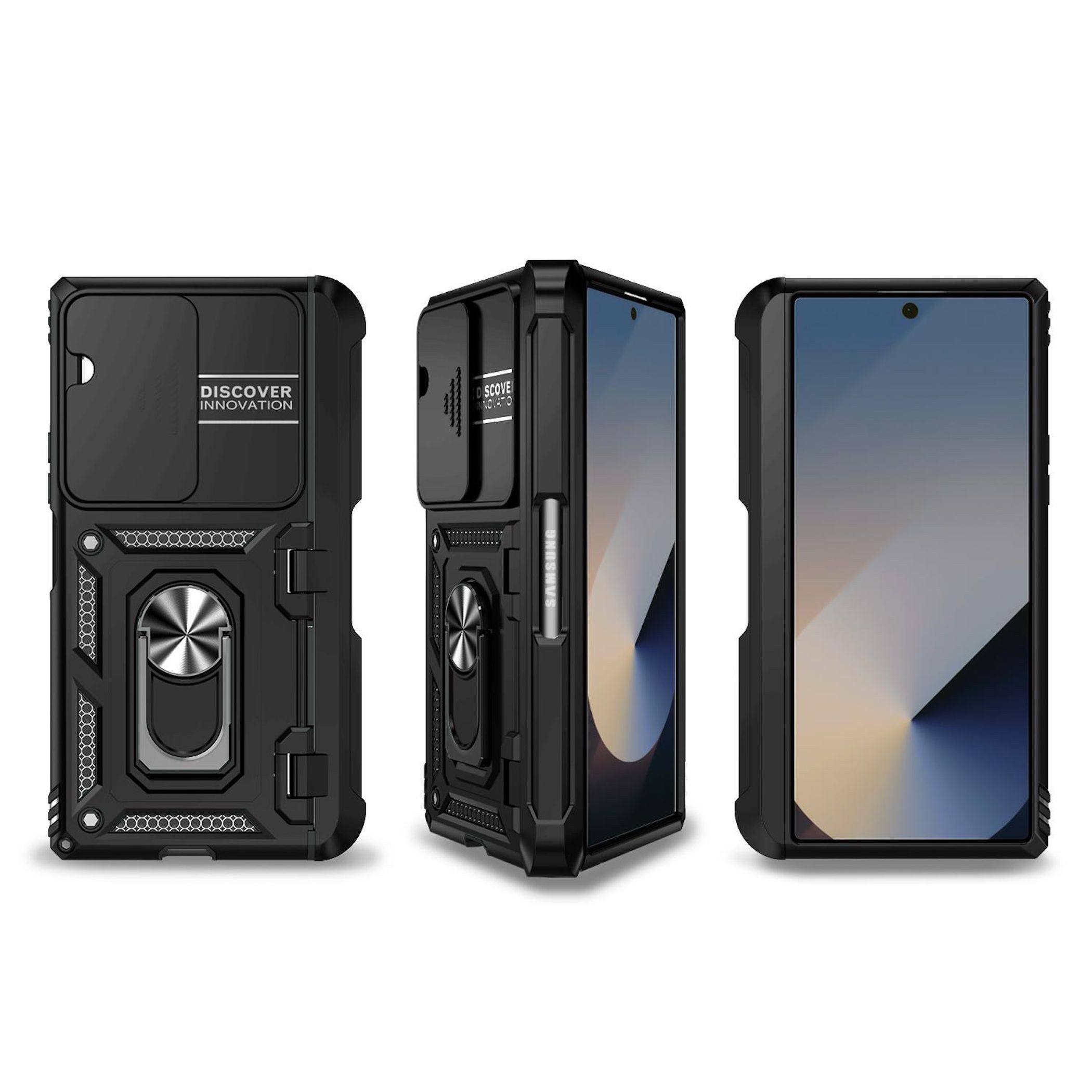 Wigento Handyhülle Für Samsung Galaxy Z Fold7 5G Sliding Kamera TPU PC Ring Hülle Schwarz, Schiebecover, stoßfest, mit Halterung