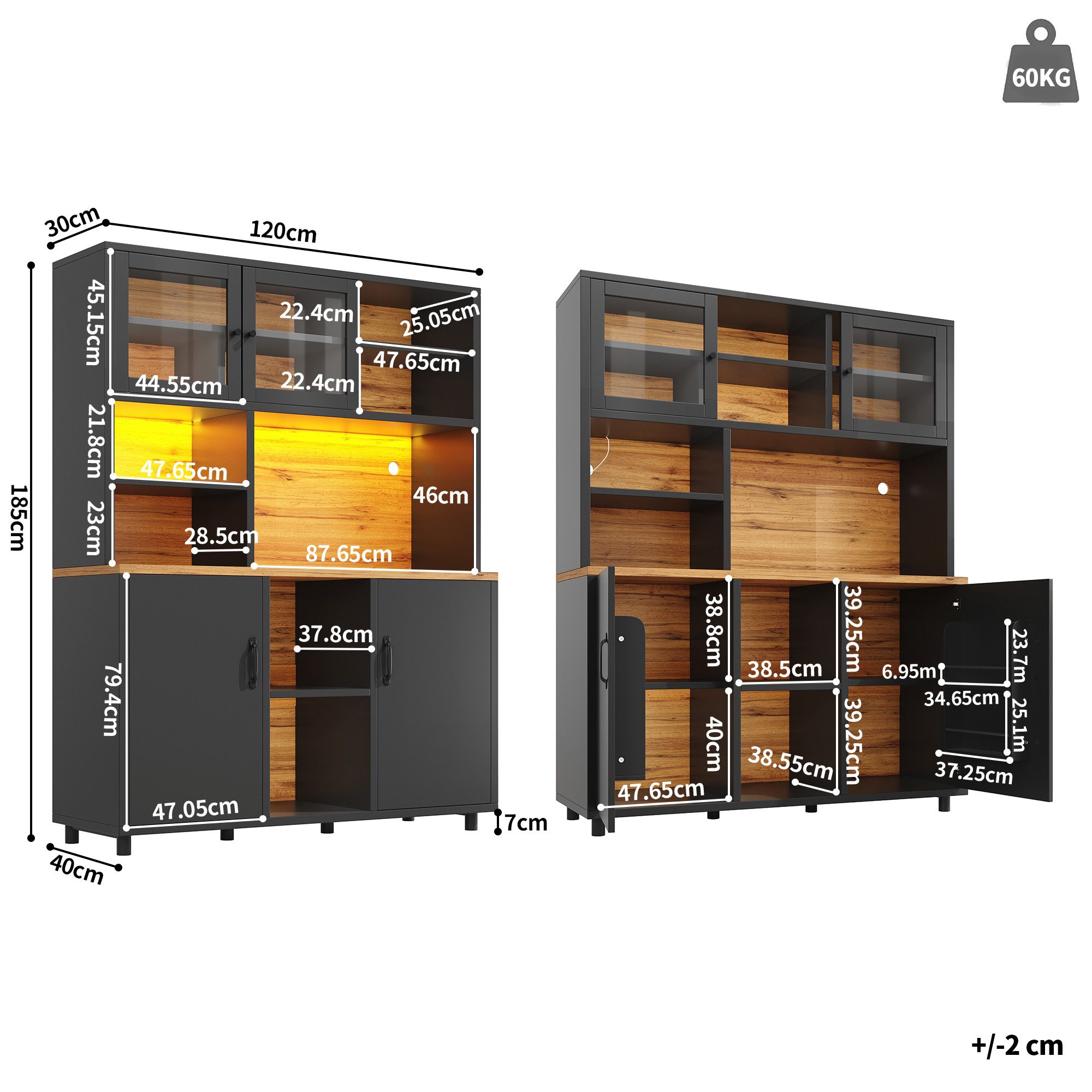 Celya Hochschrank Küchenschrank,Esszimmerschrank,Schränke mit LED-Beleuchtung (mit LED-Beleuchtung, Snackablage,Retro-Stil) ideal für Küche, Esszimmer oder Wohnbereich