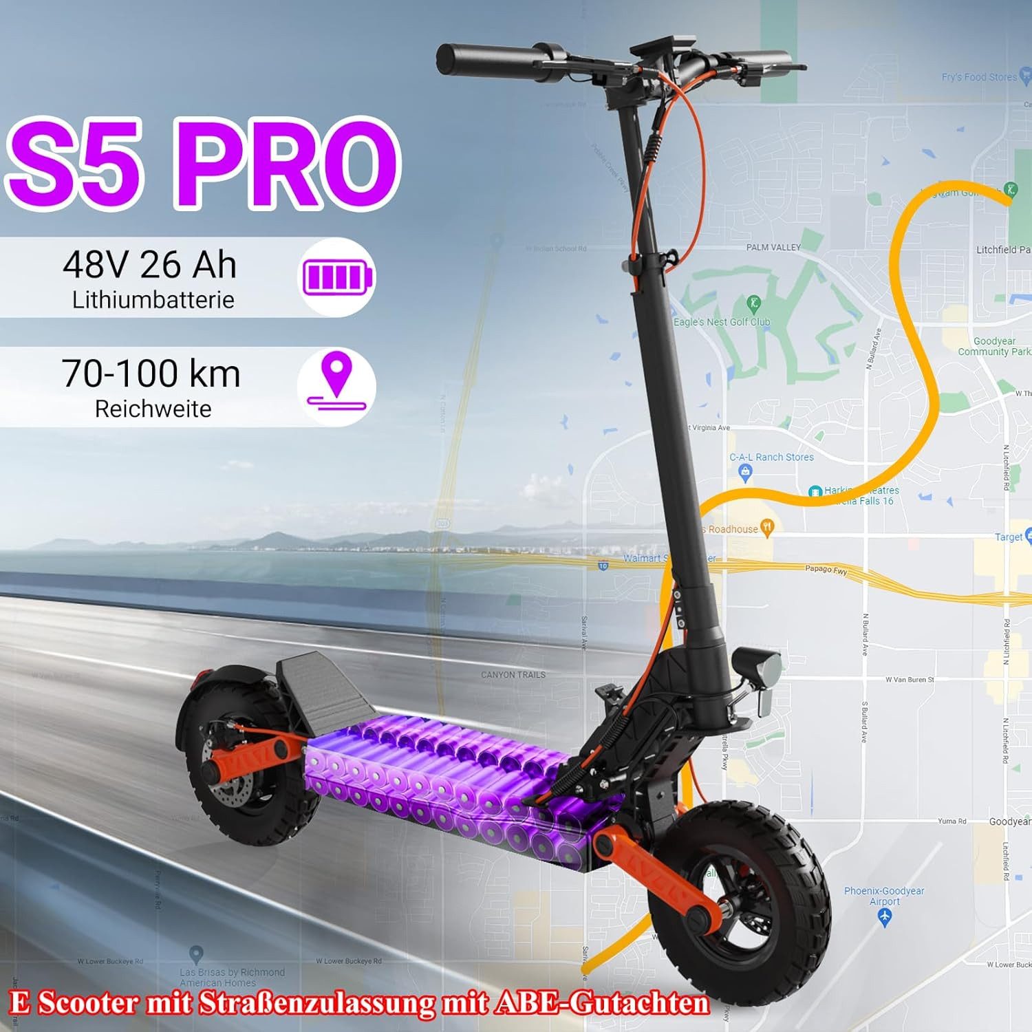 JOYOR E-Scooter S5 Pro mit Straßenzulassung, 20 km/h, mit ABE-Zertifizierung, 10-Zoll-Reifen, 48V 26Ah Akku