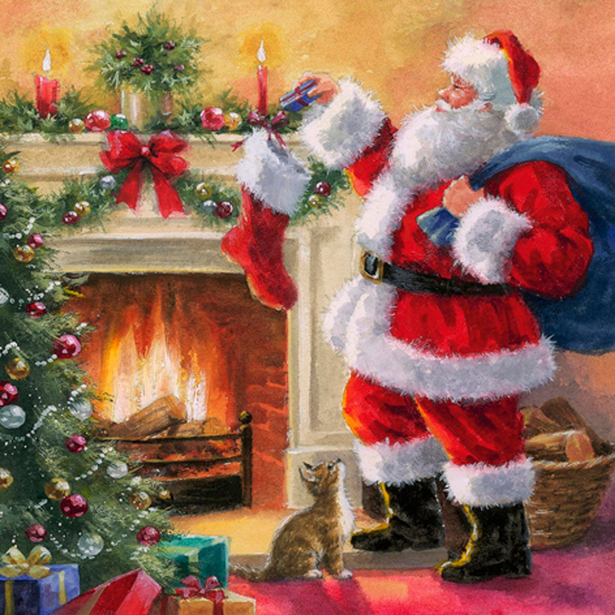 ti-flair Papierserviette, Servietten Papier 33x33cm Weihnachtsmann am Kamin Motiv 20 Stück Bunt