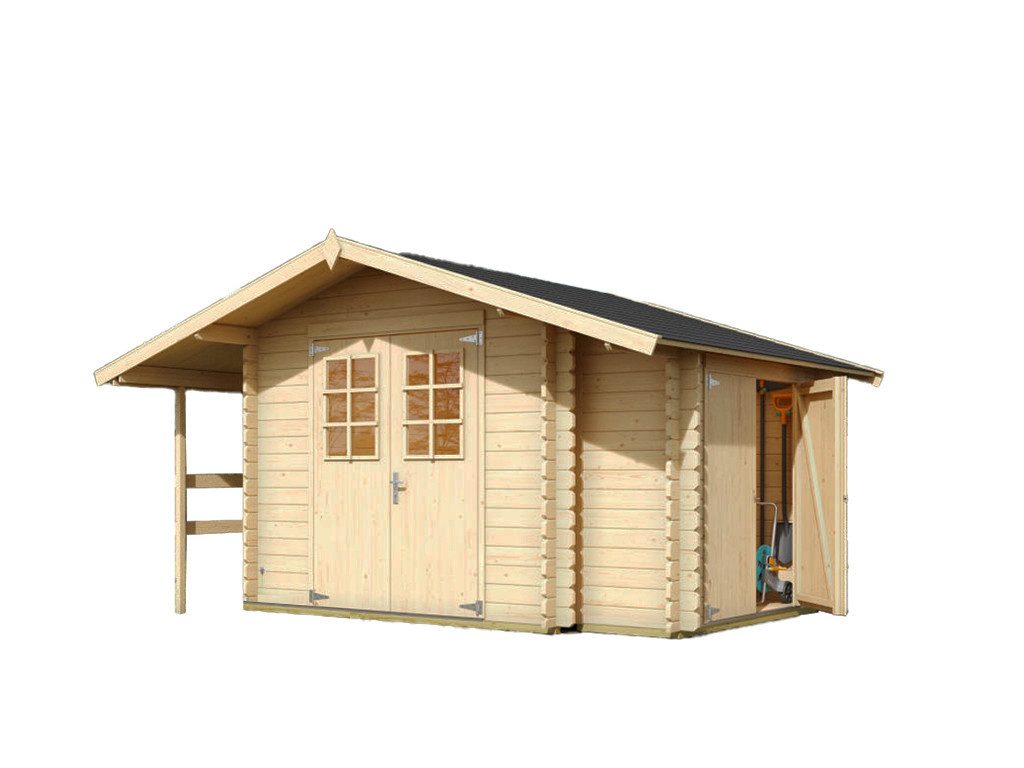 LASITA MAJA Gartenhaus Gerätehaus Blockbohlenhaus Vilano 2 28 mm naturbelassen, BxT: 380x289 cm, Anbaudach & Anbauschrank, 28 mm Wandstärke, Einzeltür mit Kunstglas...