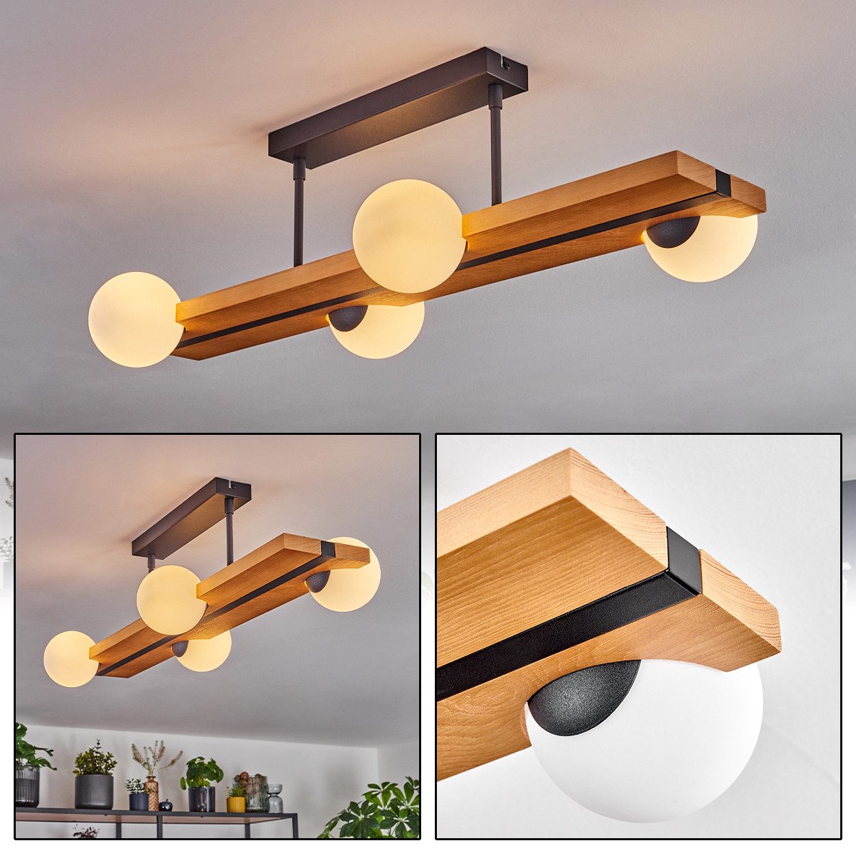 hofstein Deckenleuchte Deckenlampe aus Metall/Holz/Glas in Schwarz/Natur/Weiß, ohne Leuchtmittel, Leuchte im Vintage-Design mit Glasschirmen (10cm) und Holzbalken, G9