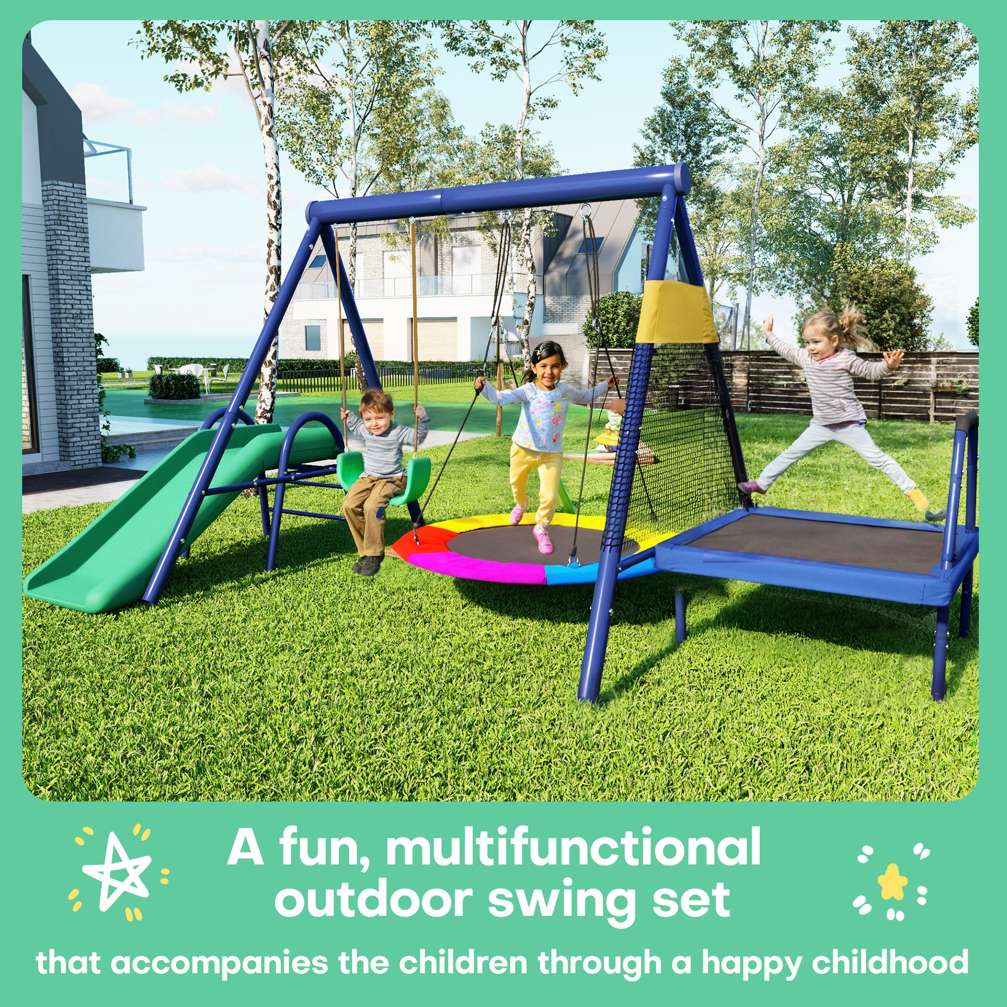 Flieks Spielturm, 4-in-1 Schaukel-Set mit 2 Kinderschaukel Rutsche und Trampolin