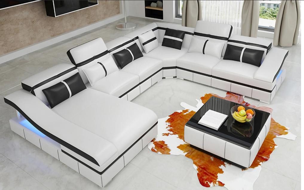 Wohnlandschaft Weißes U-förmiges Ecksofa aus Lederfaserstoff mit Edelstahlfüßen