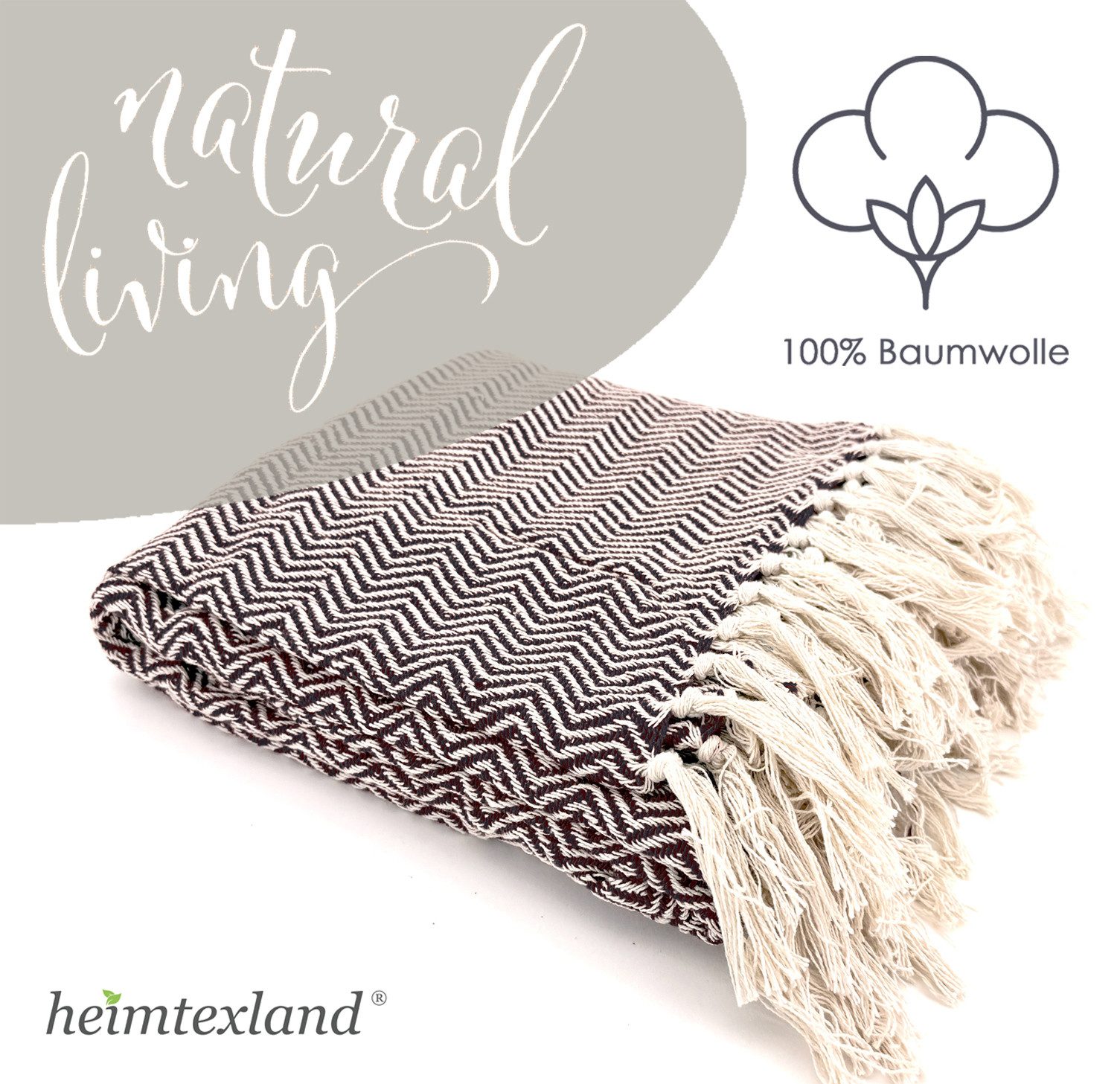 Wohndecke Strick Kuscheldecke Wolldecke Sofadecke 180x130 cm, heimtexland, Fransen Strickdecke Boho I 100% BW I weich, warm, natürlich