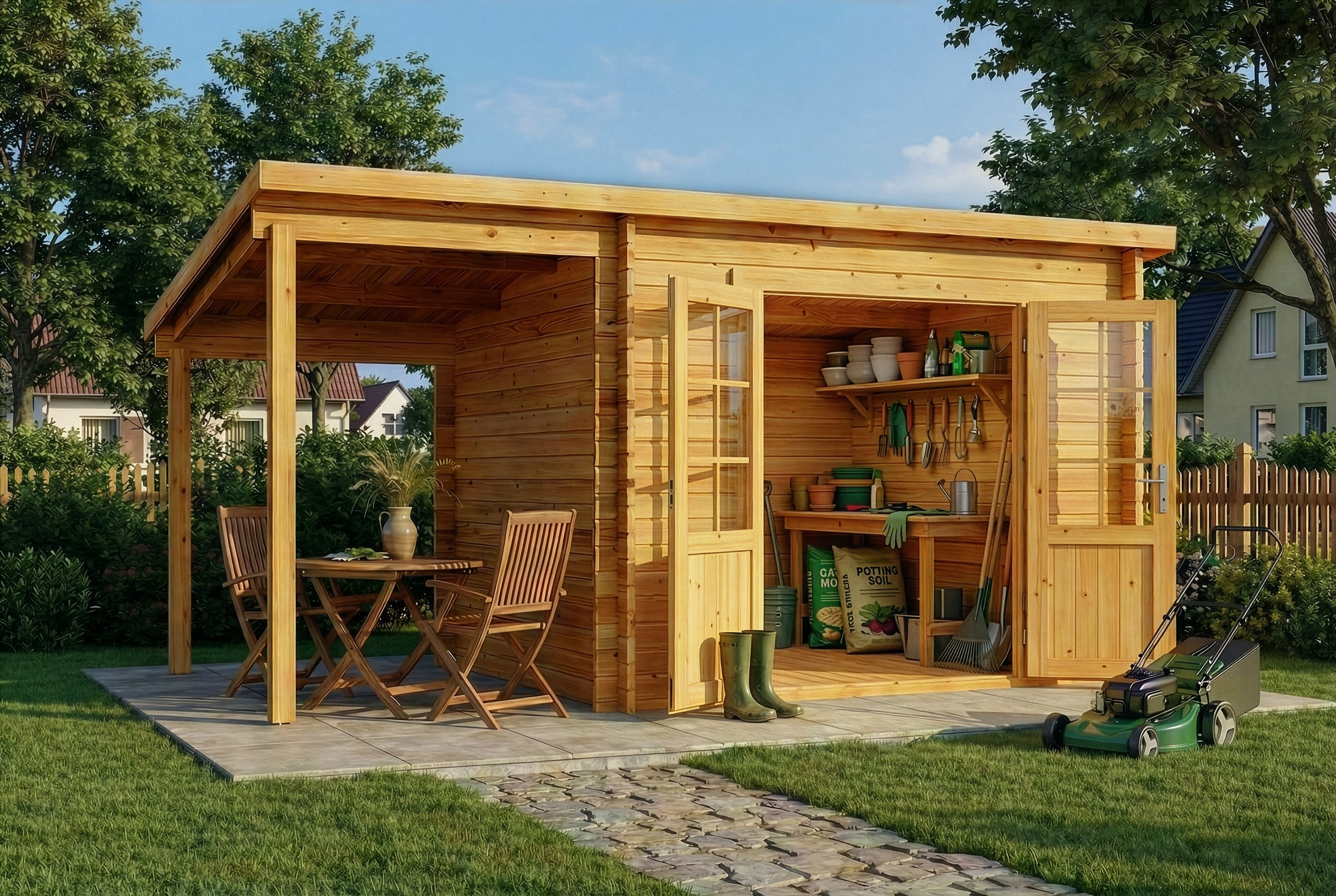 Alpholz Gartenhaus Holz Maria mit Schleppdach, BxT: 450x272 cm, in Imprägniert (Pinie) mit 28mm Wandstärke