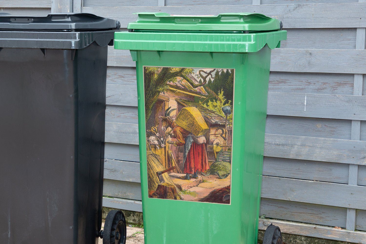 MuchoWow Wandsticker Illustration des St), Mülltonne, (1 und Sticker, Abfalbehälter der sieben Ziegen Mülleimer-aufkleber, Container, Wolfs