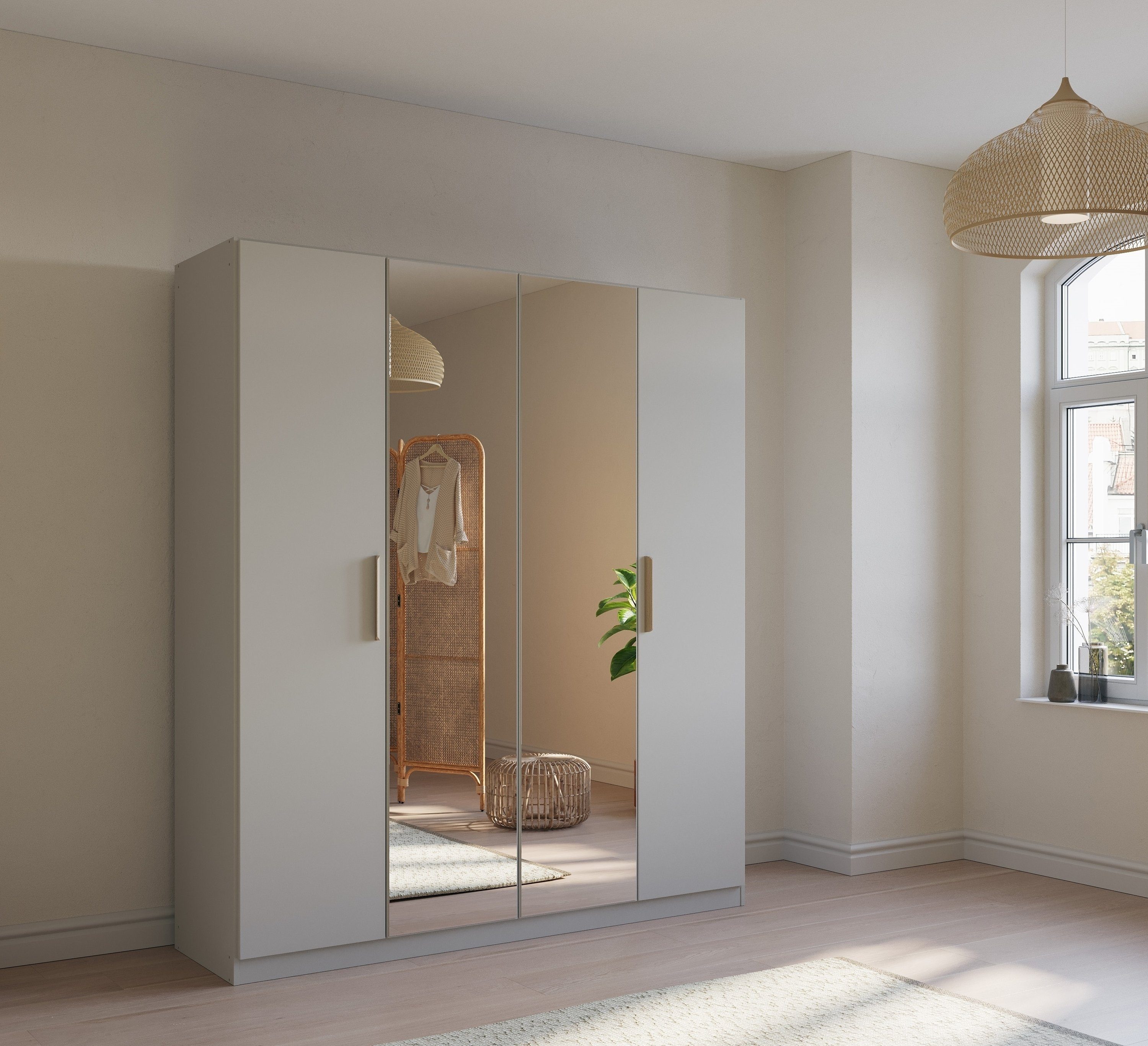 rauch Kleiderschrank Drehtürenschrank Schrank Garderobe Ankleide SKANDI BY QUADRA SPIN (Breiten: 181/226/271 cm, Höhe 210 cm) im Landhaus-Stil mit Massivholzgriffen, vollflächige SpiegeltÜren