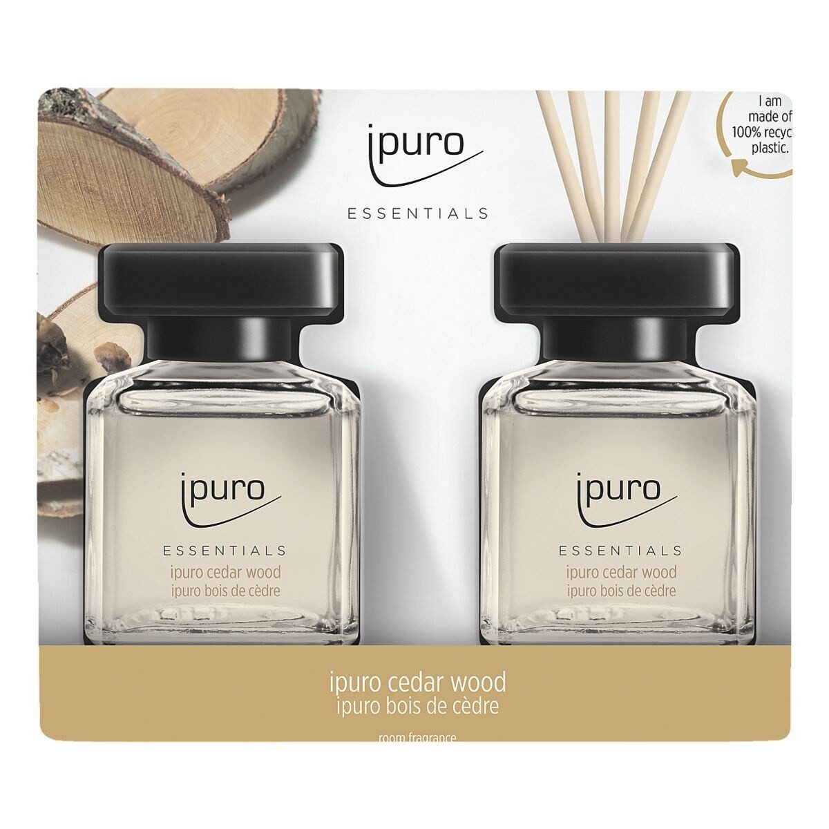 IPURO Raumduft Cedar Wood, 2x 50 ml, Glasflakon mit Rattan-Holzstäbchen