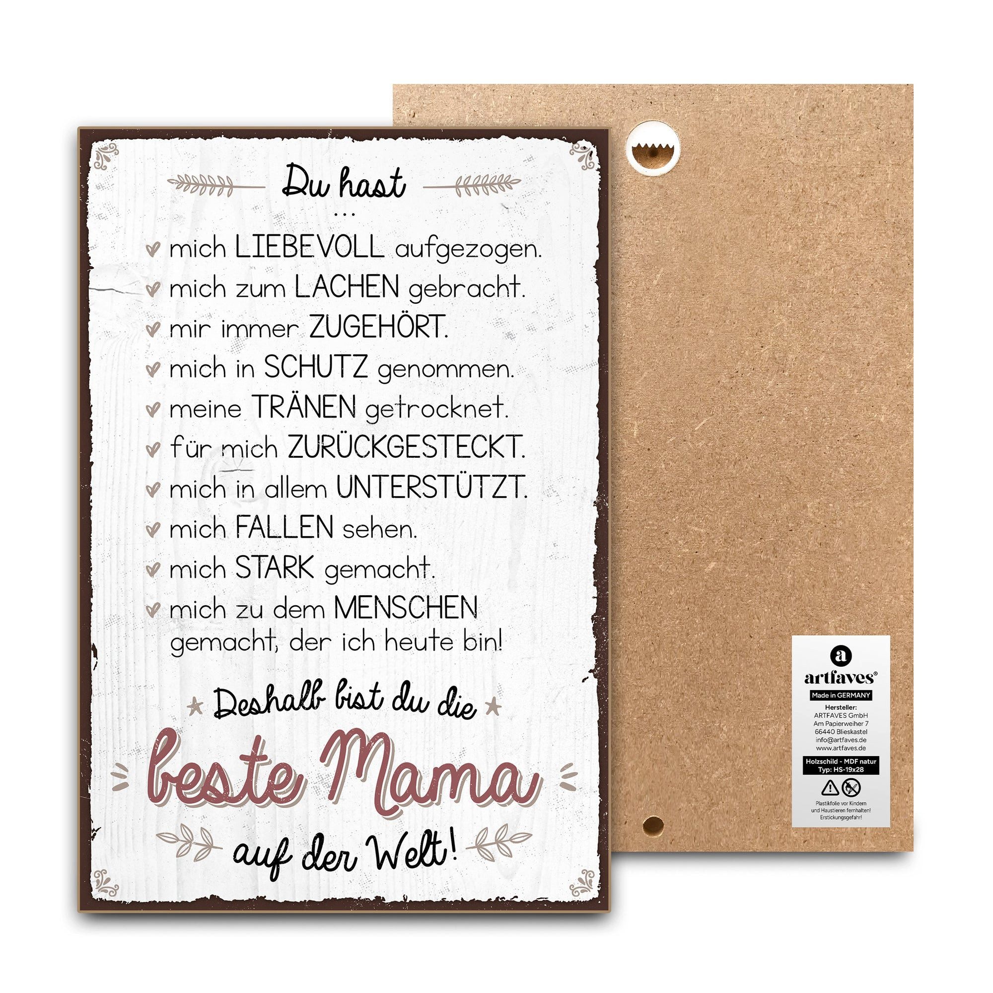 ARTFAVES Holzbild Schild mit Spruch - Beste MAMA auf der Welt - Muttertag