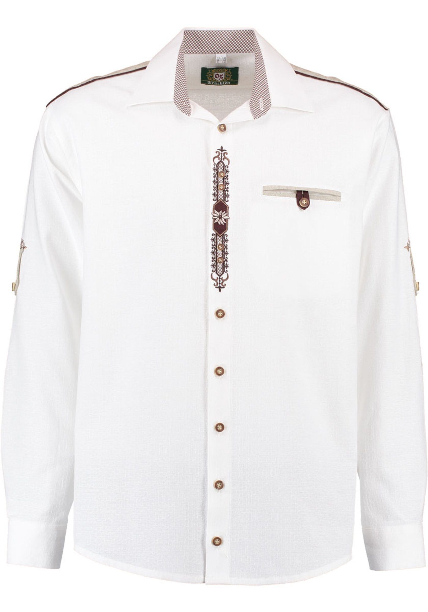 Paspeltasche, Knopfleiste Hupayo mit Langarmhemd der auf Trachtenhemd OS-Trachten Edelweiß-Stickerei