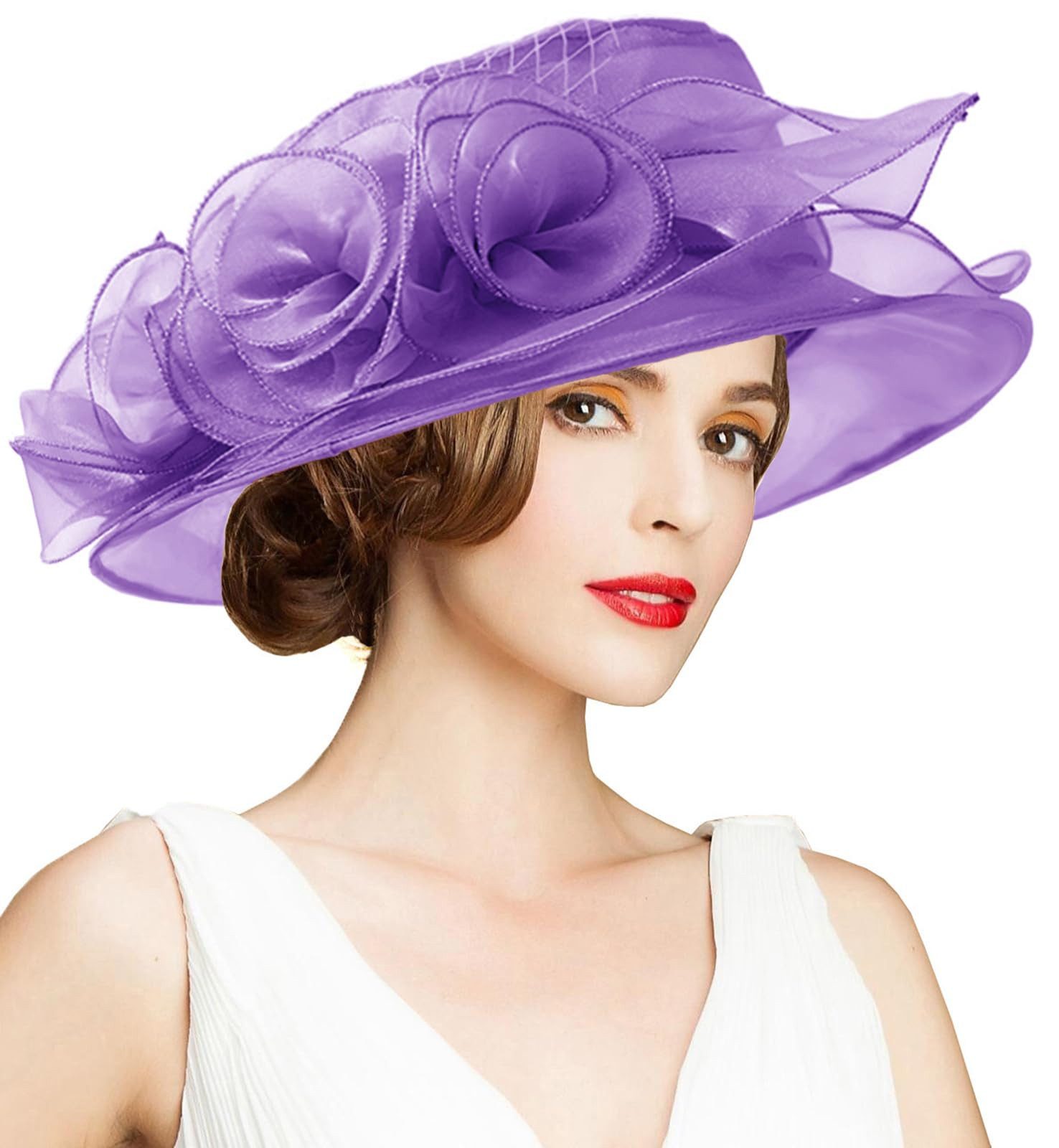 Bwecuy Sonnenhut Damenhut mit breiter Krempe, Blumen- und Blattdekor ideal für Hochzeit, Kirche und Tea Party