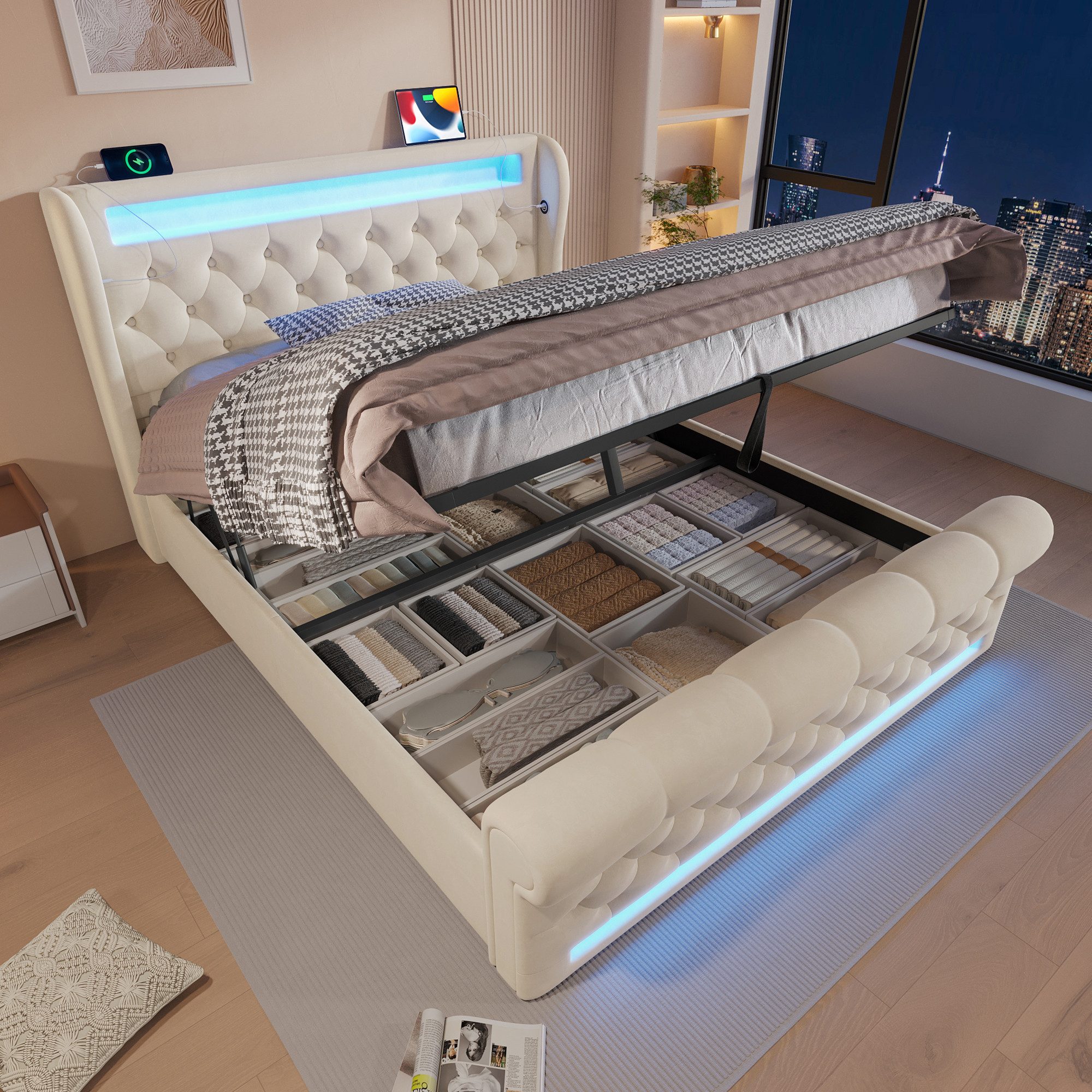 Flieks Polsterbett, Hydraulisches Stauraumbett 140x200cm mit LED Beleuchtun günstig online kaufen