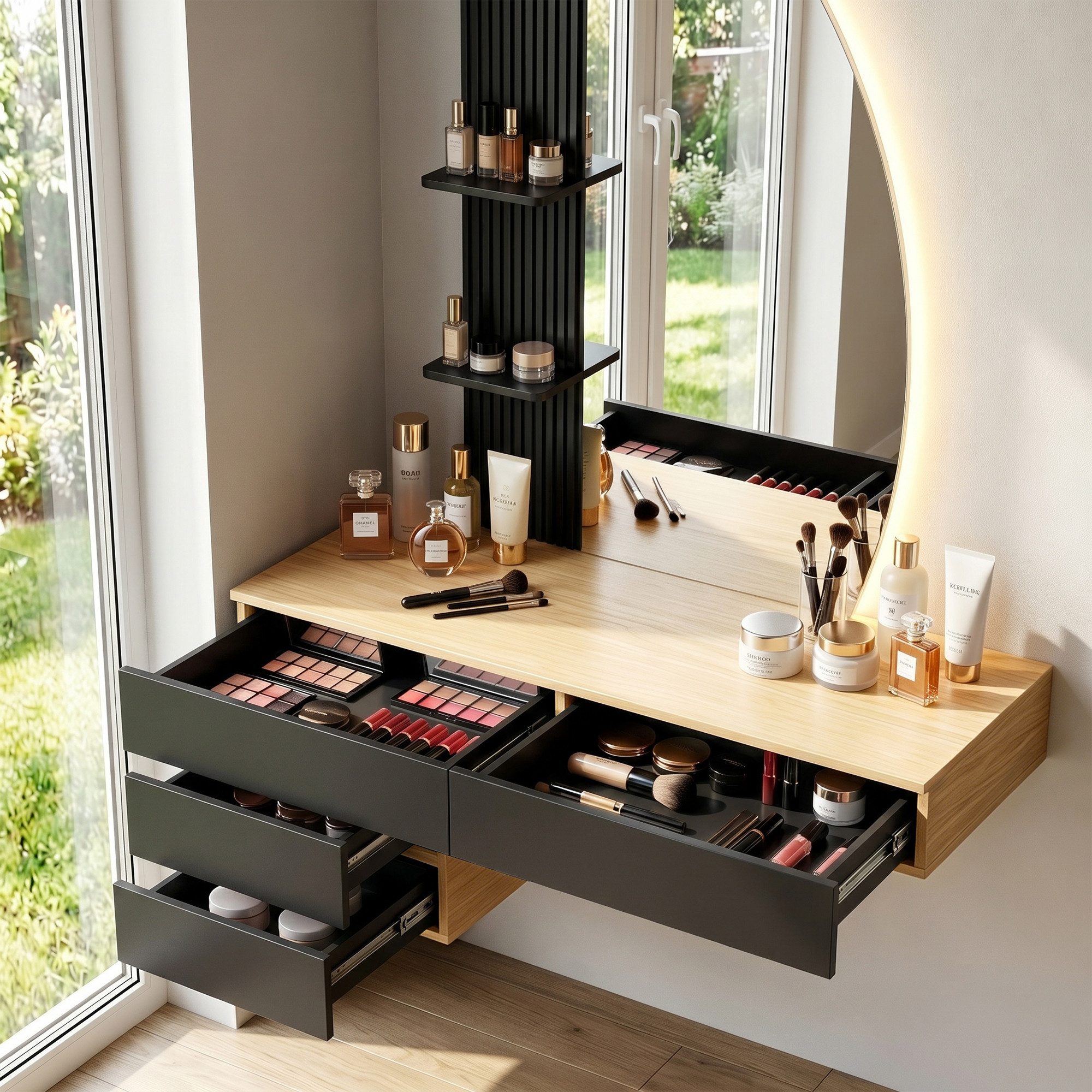 HOMALL Schminktisch Hängender Schminktisch mit drei einstellbaren Farbtemperaturen (LED-Silikon-Lichtleiste in drei Farben, Maße: 106 × 40 × 143 cm, mit 3 offen – Bild 5 von 5