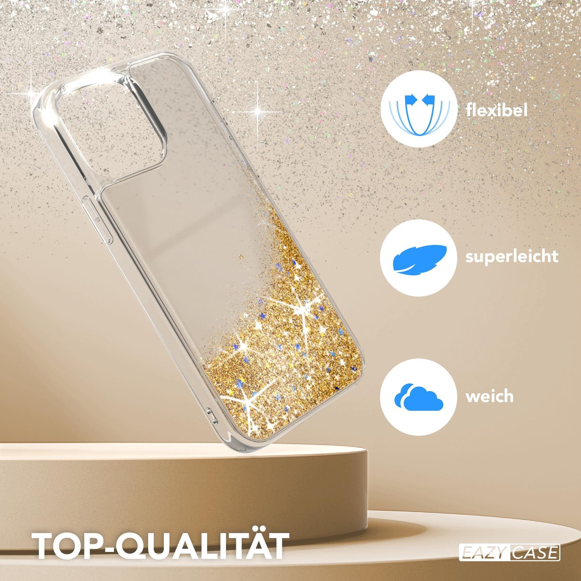 EAZY CASE Handyhülle Liquid Glittery Case für Apple iPhone 15 Pro Max 6,7 Zoll, Durchsichtig Back Case Handy Softcase Silikonhülle Glitzer Cover Gold