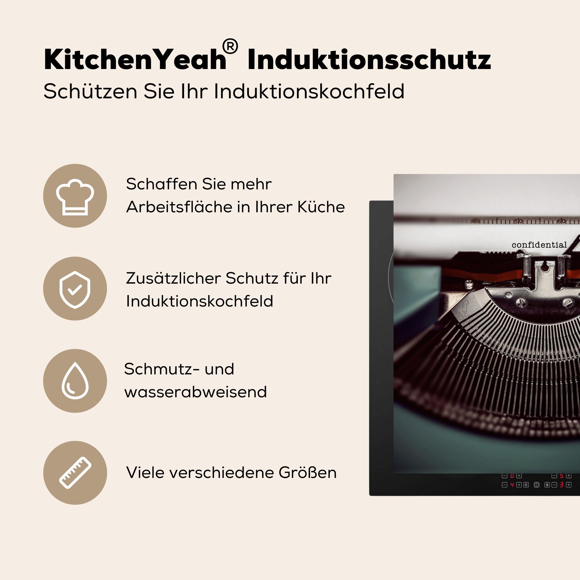 MuchoWow Herdblende-/Abdeckplatte Schreibmaschine - tlg), Ceranfeldabdeckung, (1 cm, küche Retro - für Vinyl, Arbeitsplatte 78x78 Briefe