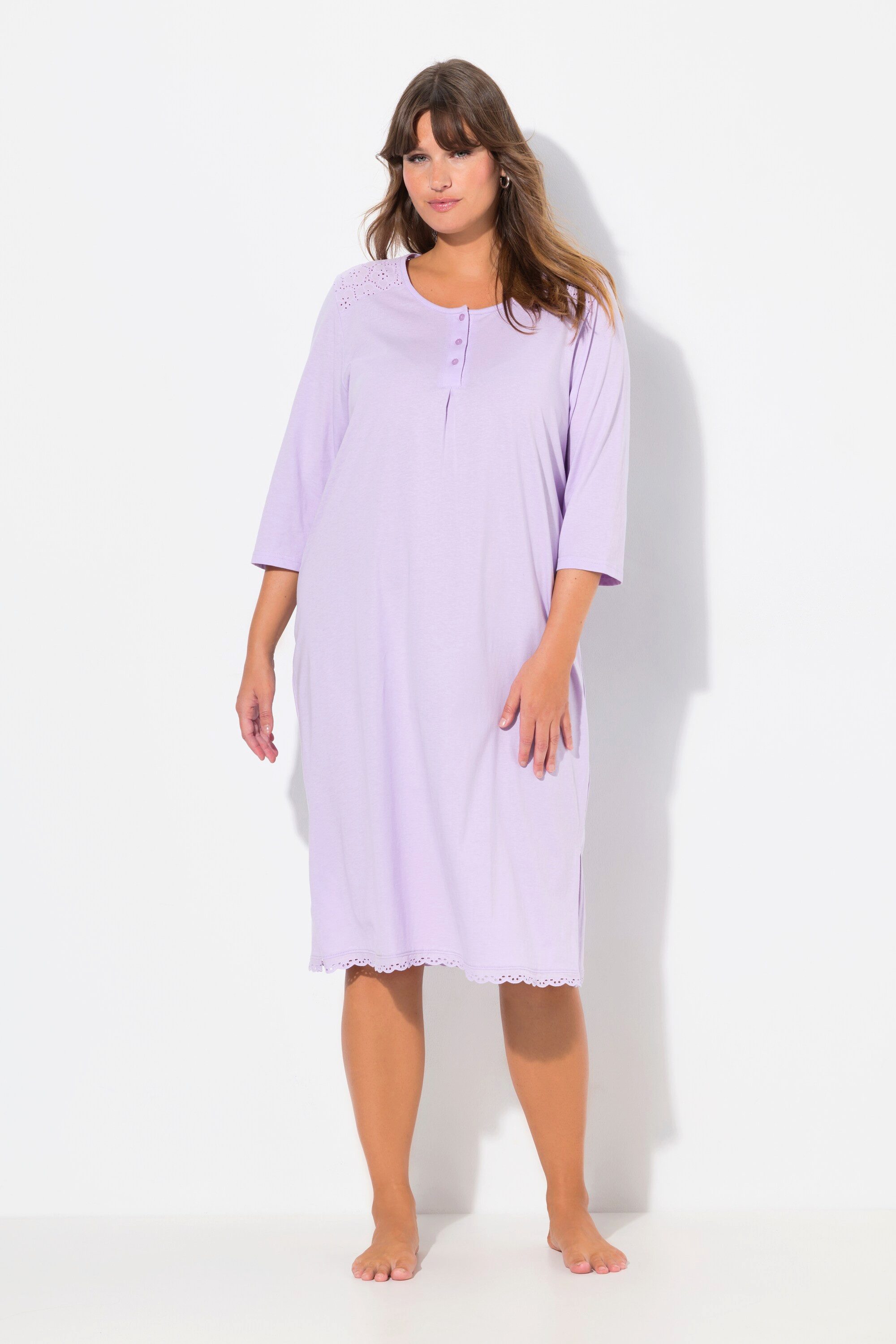 Ulla Popken Nachthemd Nachthemd Lochstickerei Zierfalte Rundhals 3/4-Arm günstig online kaufen