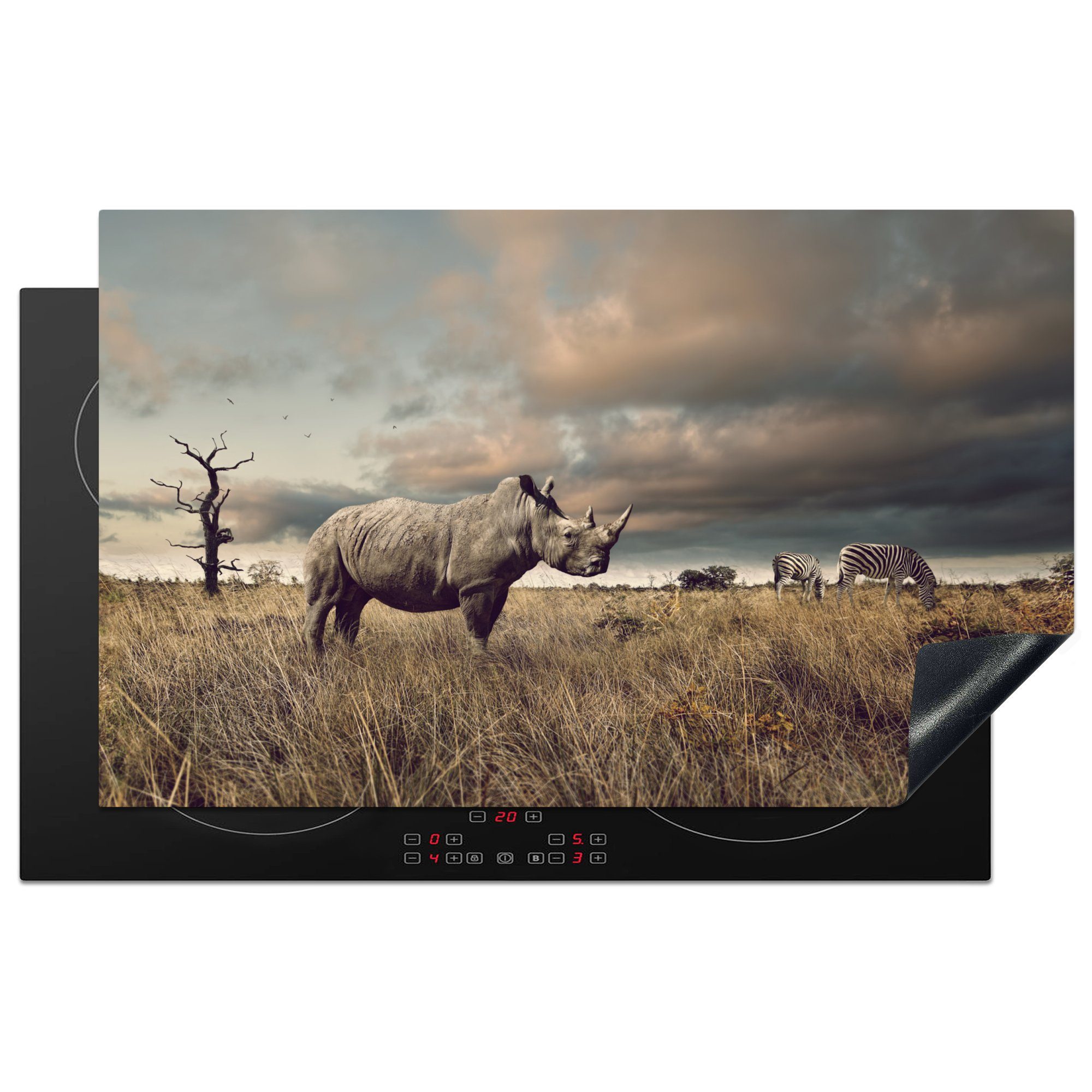 MuchoWow Herdblende-/Abdeckplatte Nashörner - Zebras - Safari, Vinyl, (1 tlg), 83x51 cm, Ceranfeldabdeckung, Arbeitsplatte für küche